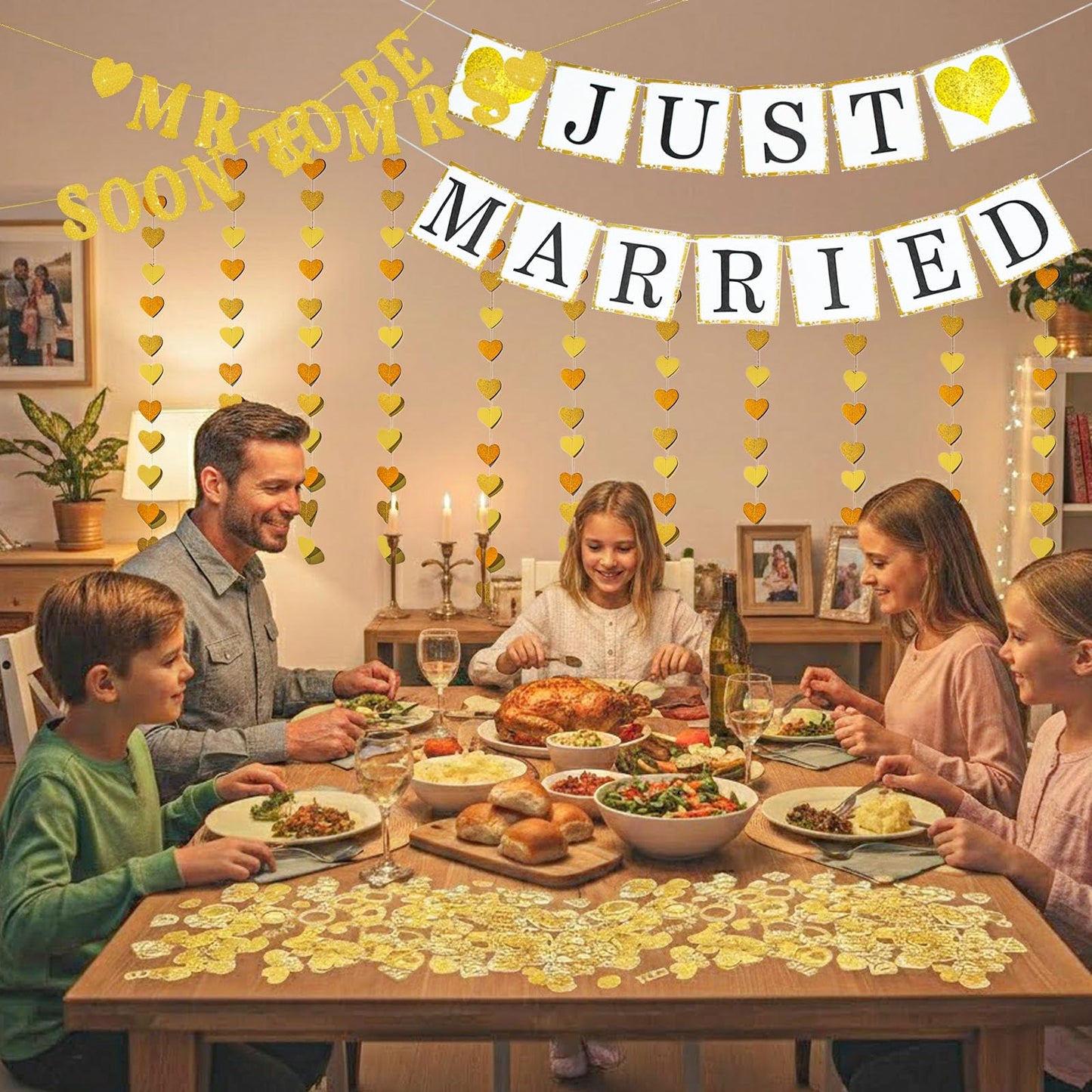 Wedding Banner Just Married Party Decorations Heart Streamers Garland Glitter Paper Diamond Ring Confetti for Bridal Shower Decor Home Party Engagement Party Bride'S Room Photp Prop Decorations