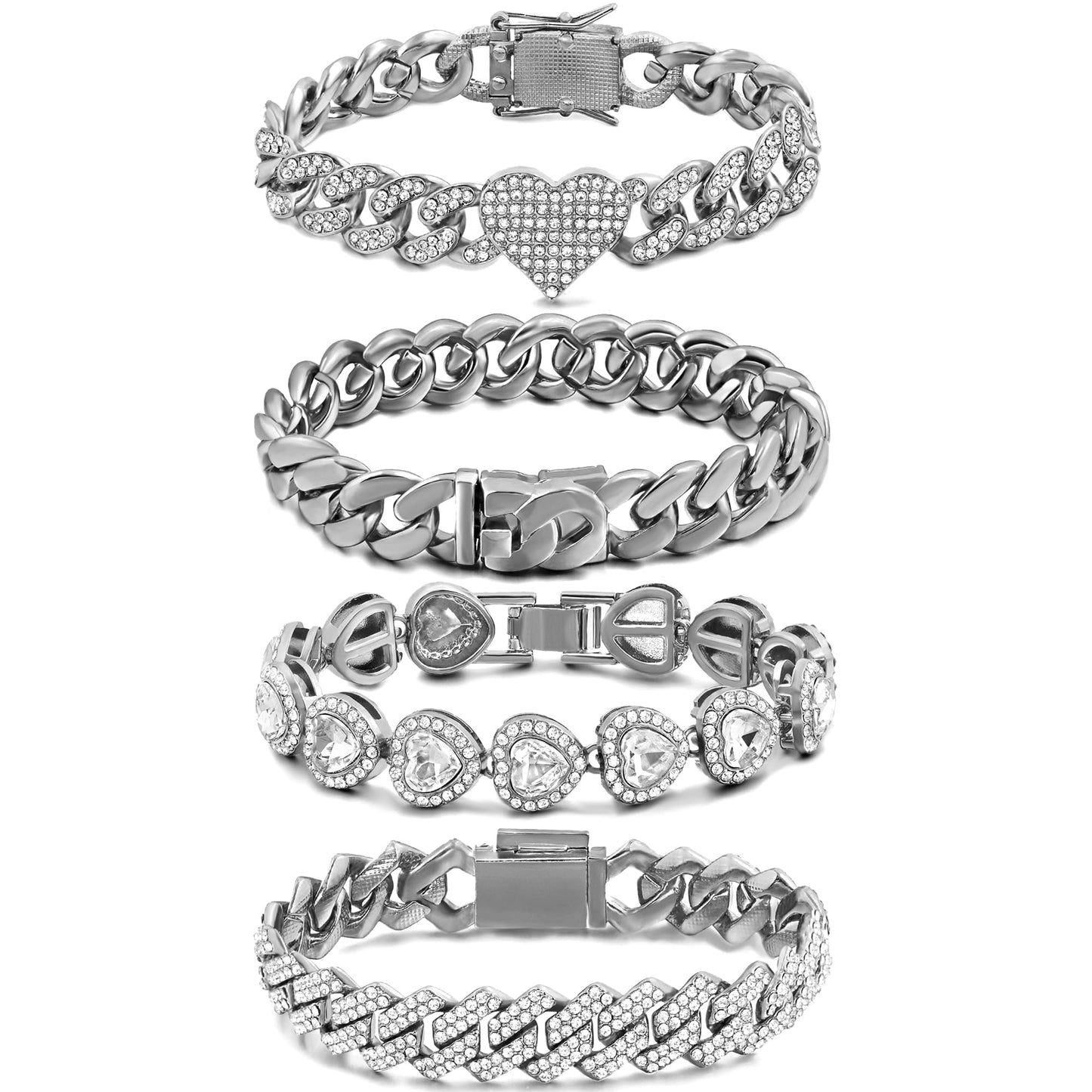 shopbyskyler 4PCS Gold Bracelets for Women Silver Clustered Tennis Bracelet for Women Heart Round Diamond Cuban Bracelet Layered Link Bracelet Set Fashion Jewelry for Women Set (Silver-2, 8inch)