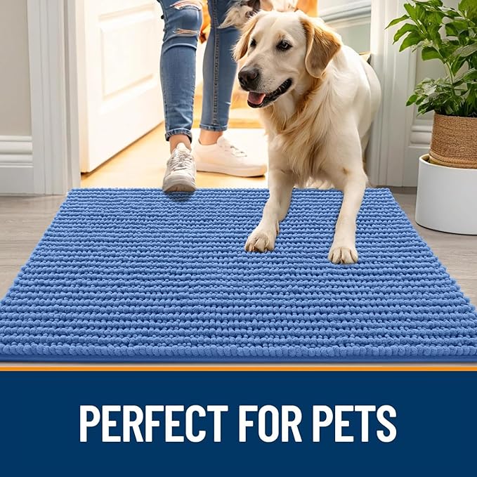 OLANLY Dog Door Mat for Muddy Paws 47x24, Ultra Absorbent Chenille Mud Doormat, Non-Slip Washable and Dirt Trapping Doormat for Indoor Entryway, Quick-Dry Indoor Pet Bed Mats for Dogs, Cornflower Blue