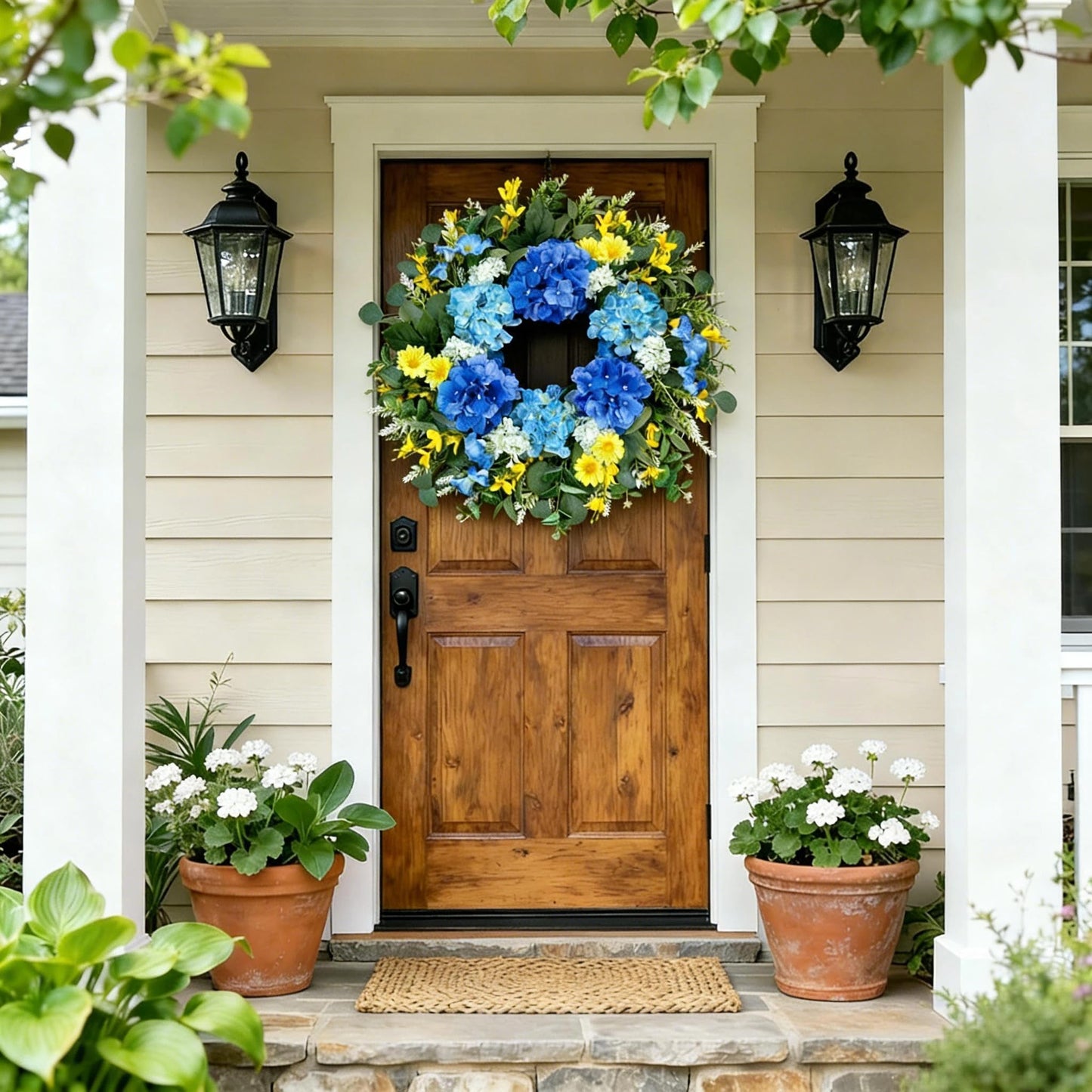 26 Inch Spring Wreaths for Front Door Outside Large Artificial Summer Wreath Silk Hydrangea Wreath with Yellow Daisy and Eucalyptus Leaves Indoor Outdoor Porch Rustic Farmhouse Home Wall Wedding Decor