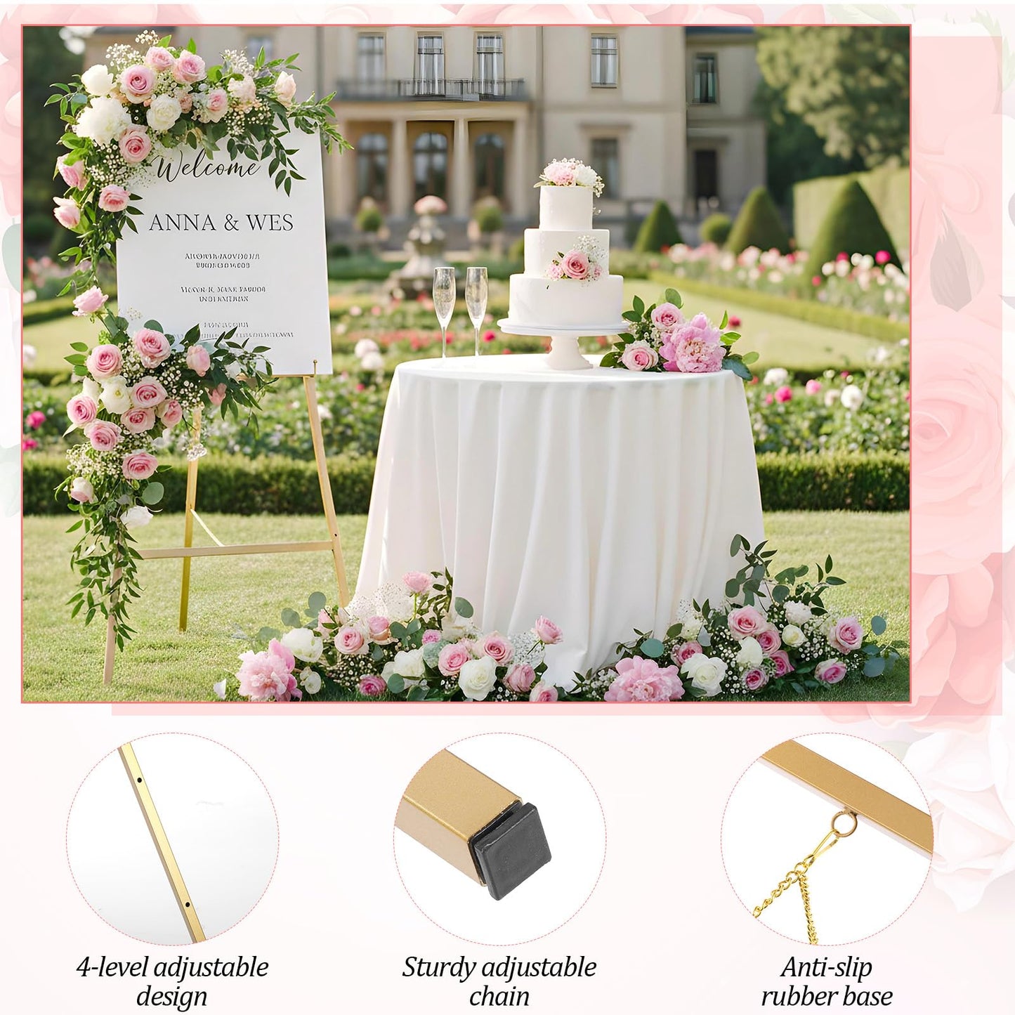 Meyeyaia 43'' Gold Easel Stand for Sign, Metal Heavy Duty Easel Display Stand, 4-Tier Adjustable Art Easels for Wedding Sign, Painting, Floor Décor, Posters, Pictures, Posters, Commercial Display