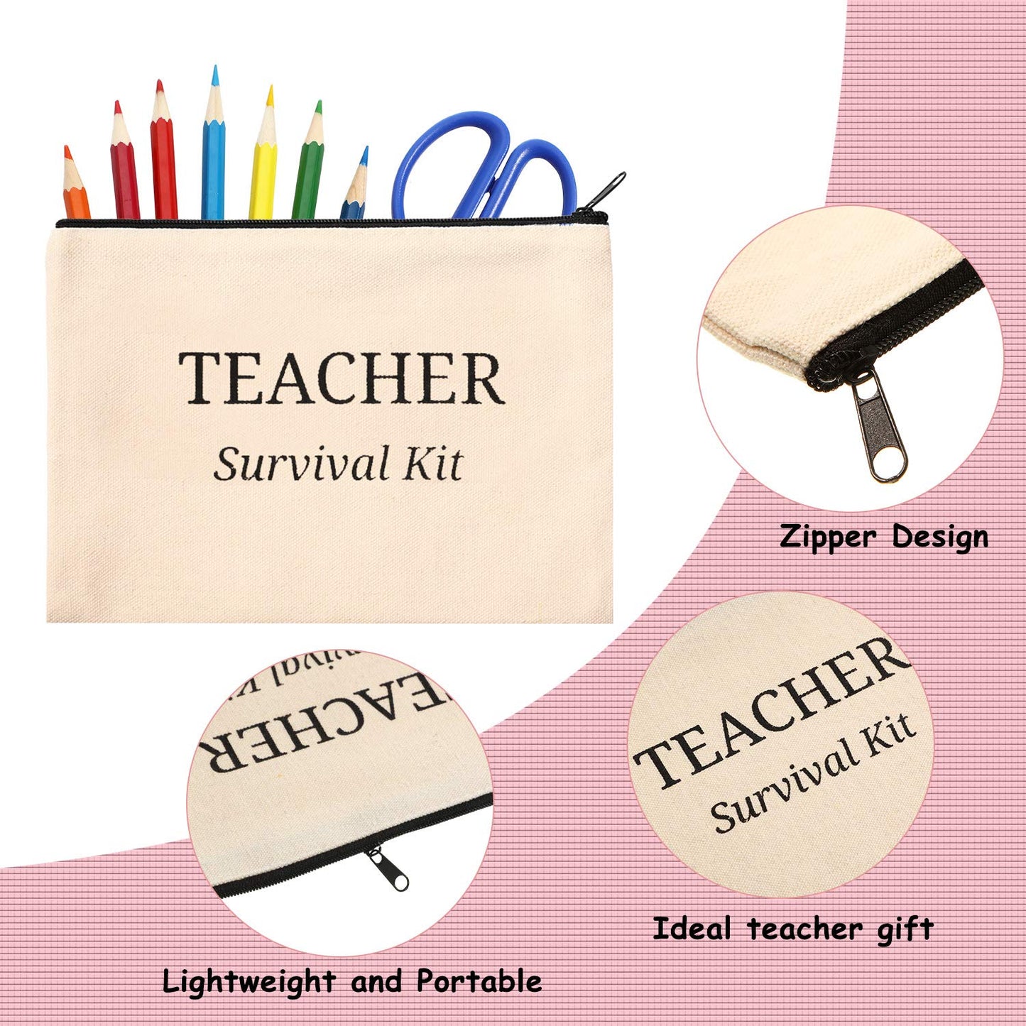 Frienda 12 Pcs Teacher Appreciation Gifts Makeup Bags Cosmetic Bag Canvas Survival Kit Pencil Pouch Travel Toiletry Case with Zipper Teacher Gift for Women Men(M)