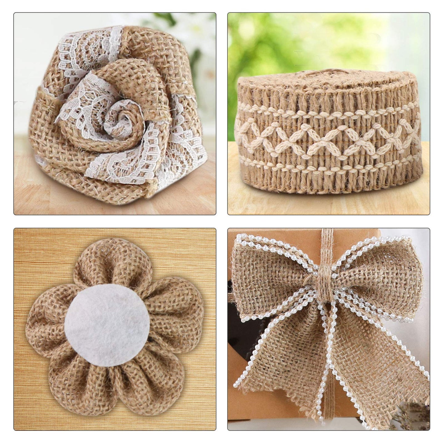 VGOODALL 16 PCS Natural Burlap Flowers Set, Including 12 PCS Handmade Lace Burlap Flowers and Bowknots, 4 Rolls Burlap Ribbon for Christmas Birthday Party Wedding Home Embellishment DIY Crafts