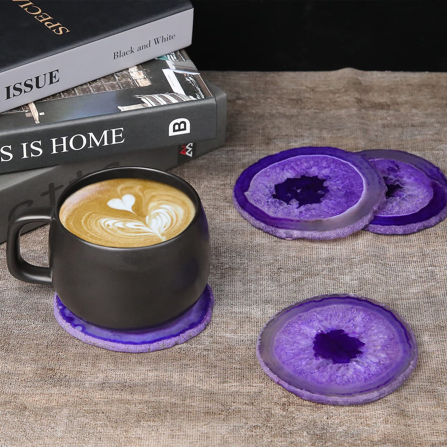FOLKOR LIFE Purple Agate Coasters Set of 4, Natural Stone Drink Coasters with Unique Patterns, Decorative Table Coasters for Coffee Table, Bar or Desk, Housewarming Gift for Women, Friends or New Home