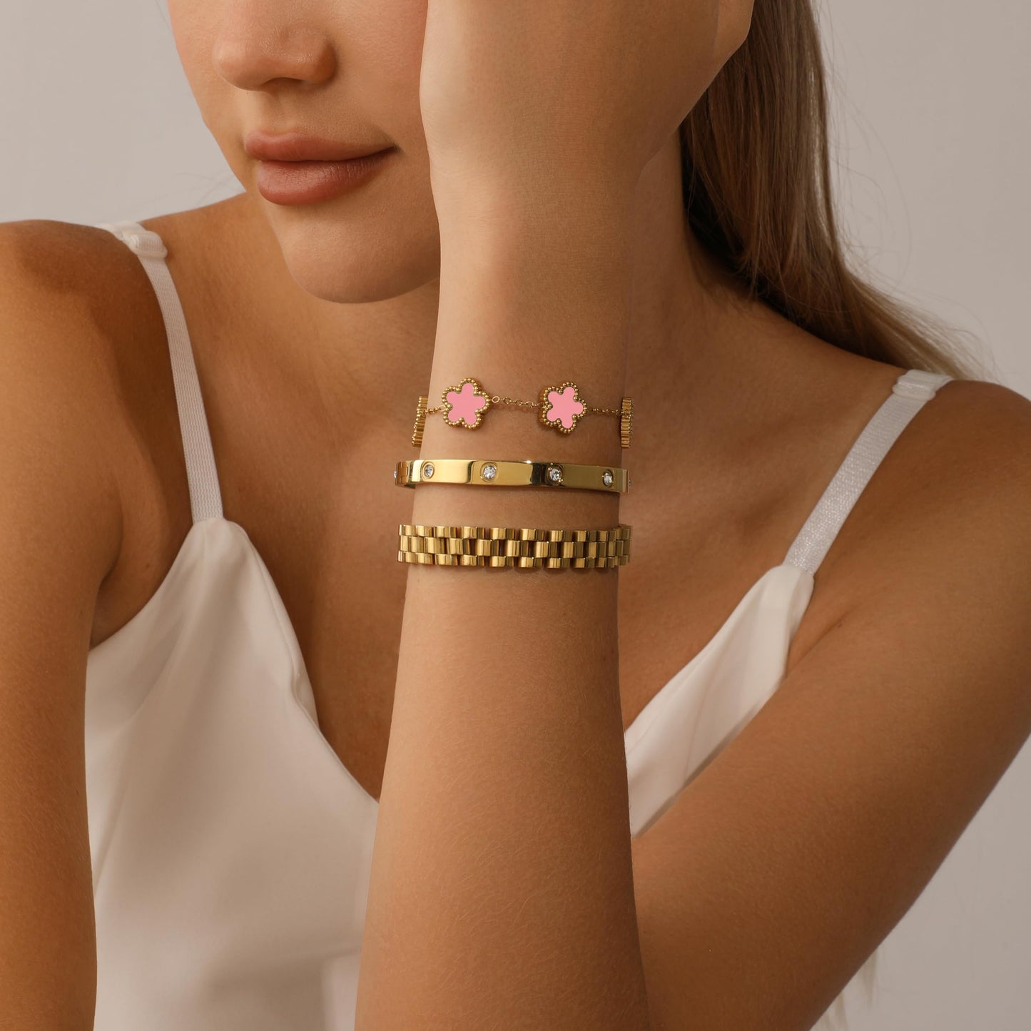 YOQ Stackable Four Leaf Clover Bracelets for Women, 18K Gold Plated Love Bangle Bracelets Set, 3 Pcs Charm Jewelry Gifts (Pink)