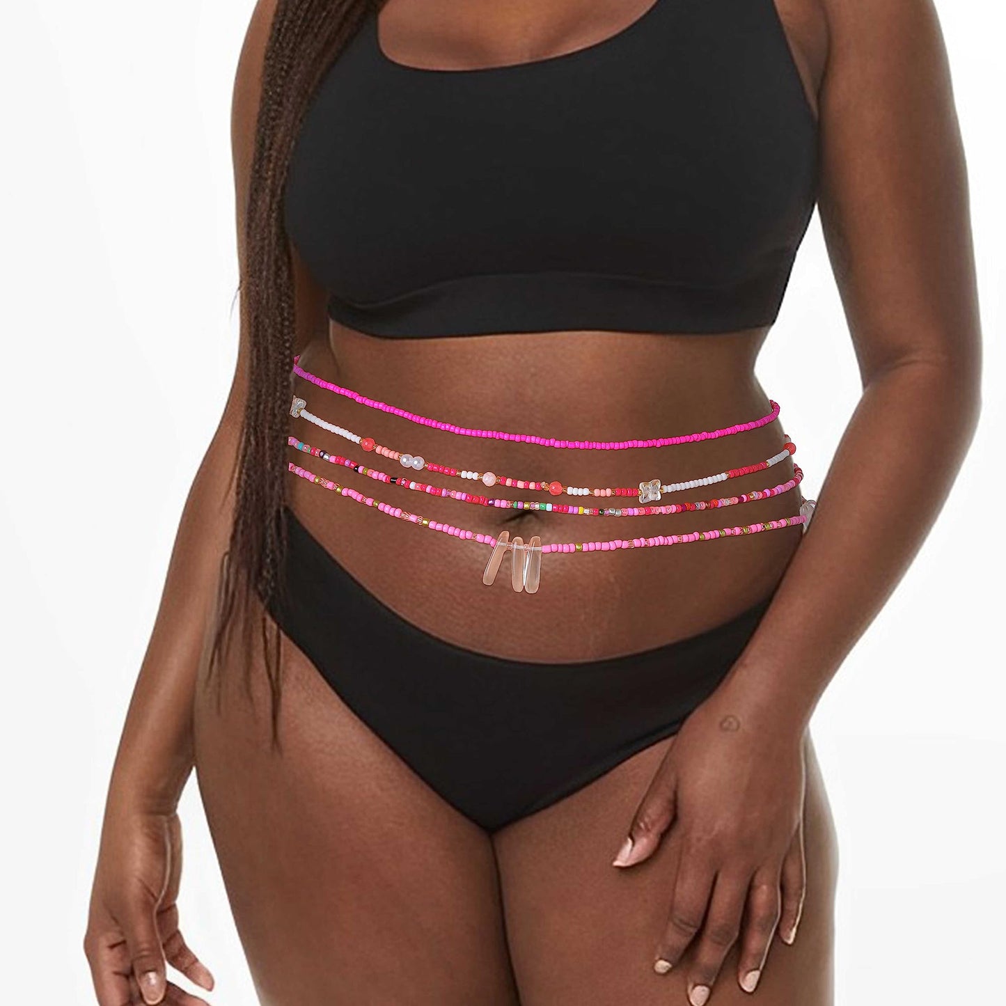ELABEST 24-39inch African Waist Beads for Women 8Pcs Elastic Belly Beads Colorful Beaded Waist Jewelry Accessories Body Chain (Pink, 39.3inch/100cm)