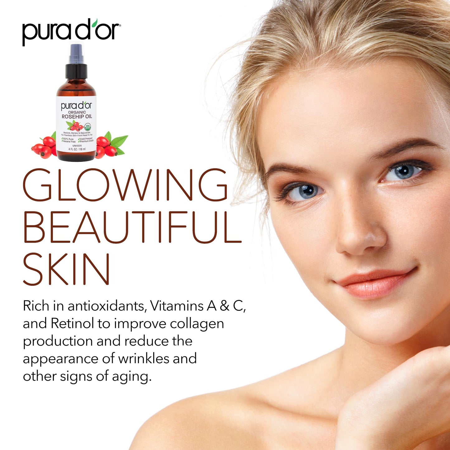 PURA D'OR 4 Oz ORGANIC Rosehip Seed Oil - 100% Pure Cold Pressed USDA Certified Anti-Aging Treatment - Vitamin A & C Rich - Helps Fade Appearance of Scars & Stretch Marks - For Face, Hair & Body