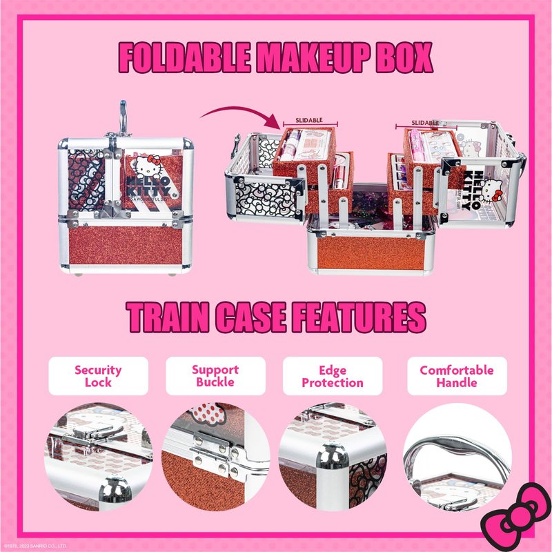 Hello Kitty Train Case Cosmetic Makeup Set Includes Lip Gloss, Eye Shimmer, Nail Polish, Hair Accessories & More! For Girls, Ages 6+ Perfect for Parties & Makeovers by Townley Girl