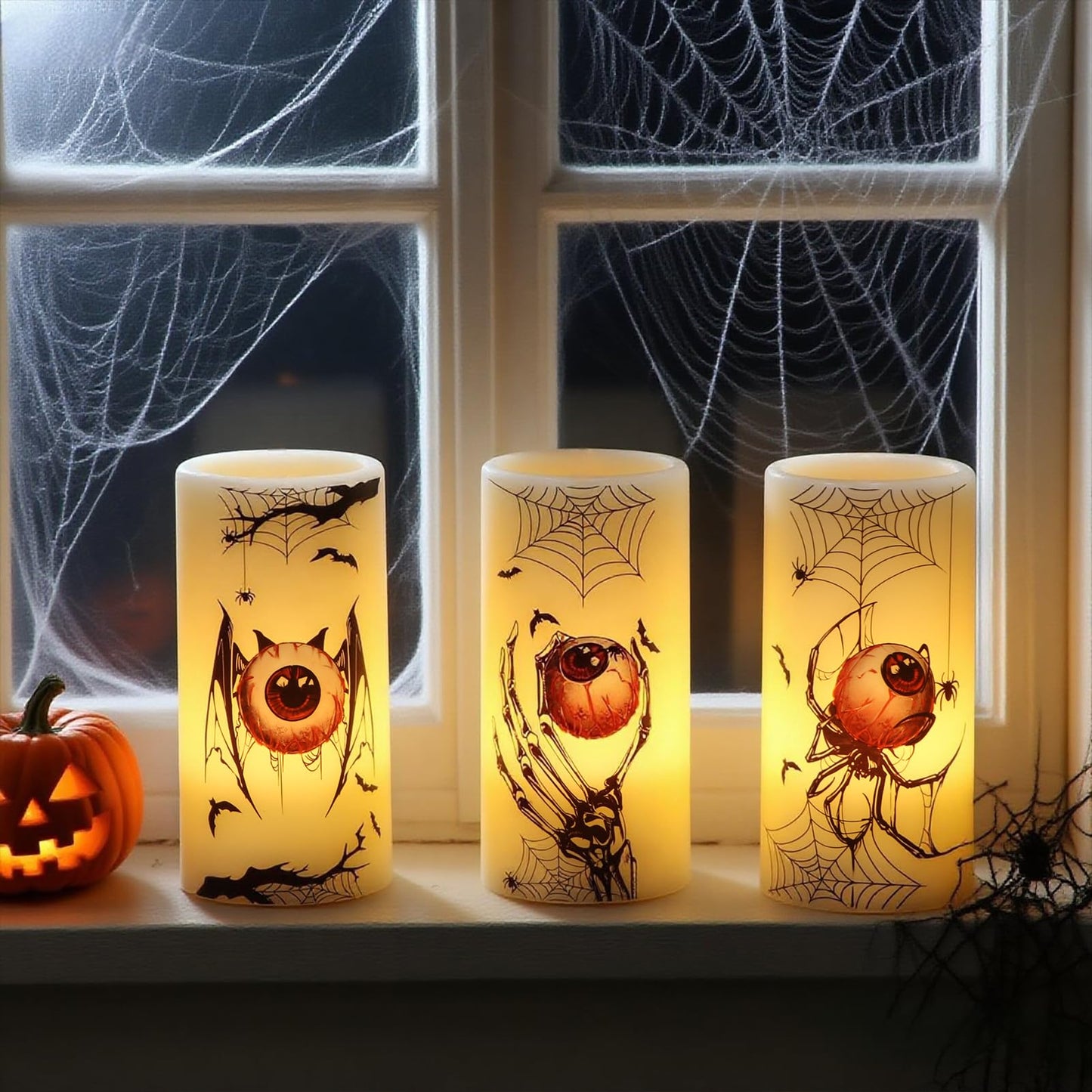 DRomance Halloween Flameless Flickering Candles Battery Operated with Timer, 3 Pack Real Wax LED Pillar Candles Spooky Bloody Eyes Spider Decals Dinner Halloween Decorations Indoor(3" D x 6"" H)"
