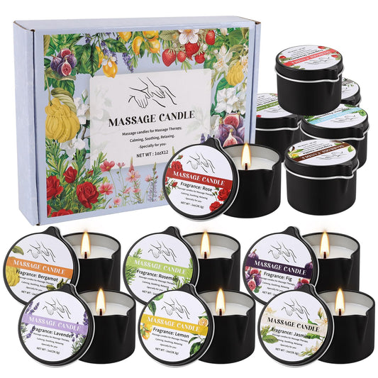 12pcs Massage Oil Candle,Moisturising Natural Soybeans Gift Sets,1oz Low Temperature Body Oil Scented Candles for Home Spa & Relaxation