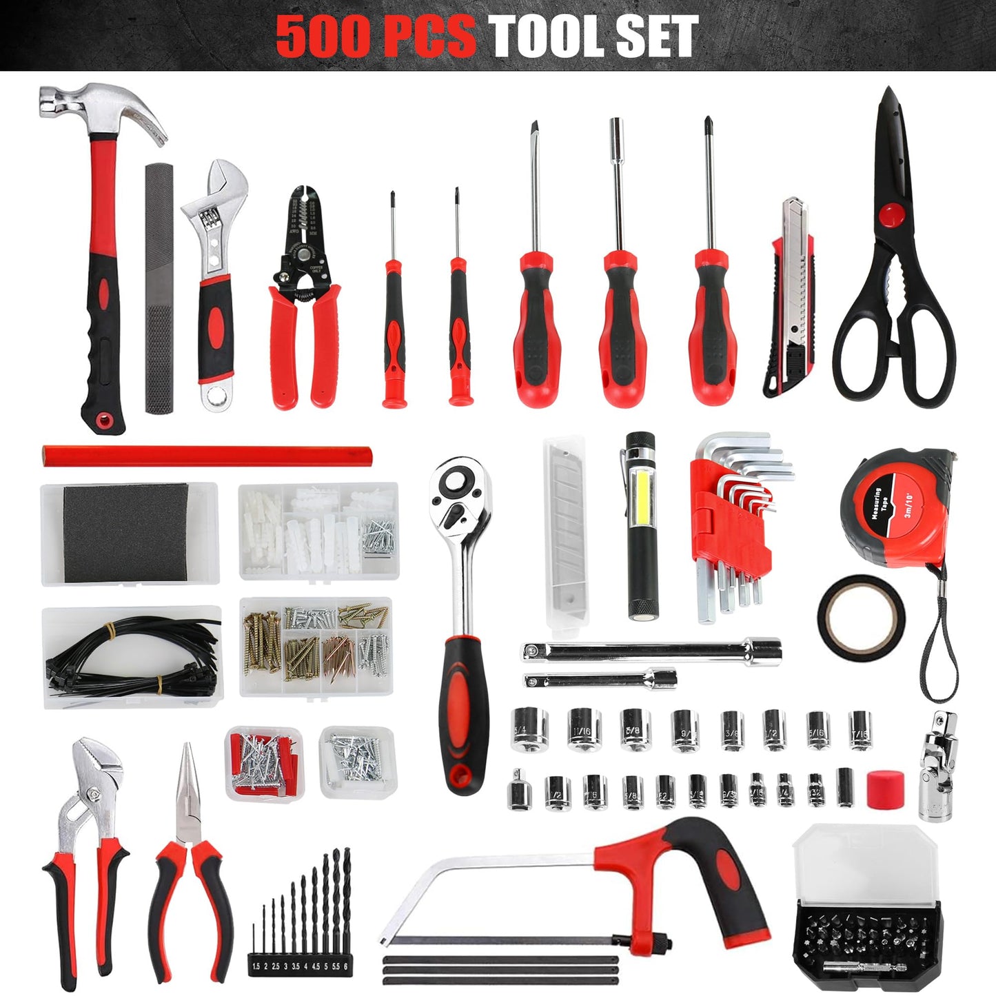 winturbor 500-Piece Home Repair Tool Set with Drawer Toolbox – Comprehensive Household & Auto Maintenance Kit for DIY Enthusiasts, Homeowner, Handyman (500 PCS Black+Red)