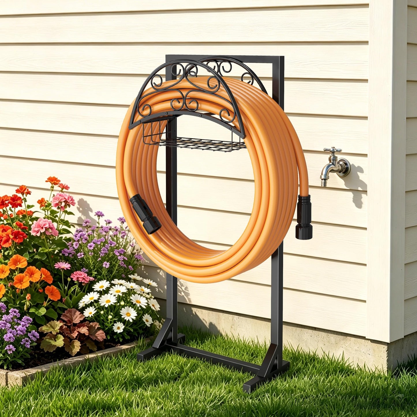 Silvonte Garden Hose Holder – Freestanding Water Hose Stand with Storage Basket, Sturdy Metal Hanger Heavy-Duty Garden Storage Rack for Outside, Supports 151FT