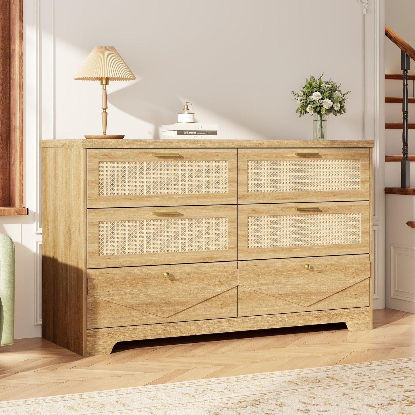 IBF Rattan Dresser for Bedroom, Wood Boho 6 Drawer Dressers, Large Dresser Chest of Drawers for Closet, Wide Clothes Storage Organizer with Deep Drawers for Living Room and Hallway, 51.2 Inch, Oak