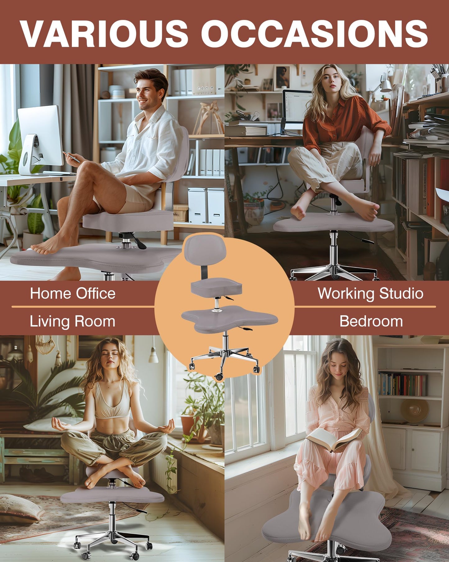 PYY ADHD Chairs for Adults - Meditation Cross Legged Office Chair with Wheels, Ergonomic Squatting Kneeling Fidget Chair with Lumber Back Support Adjustable Height for Home and Office Gray