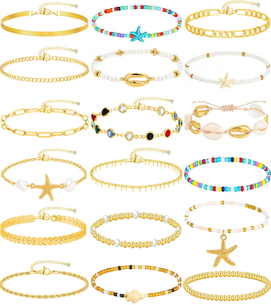 17KM 18PCS Gold Ankle Bracelets for Women, Boho Shell Bead Cuban Link Chain Waterproof Gold Anklets Set, Adjustable Layered Anklets for Women Beach Jewelry Gift