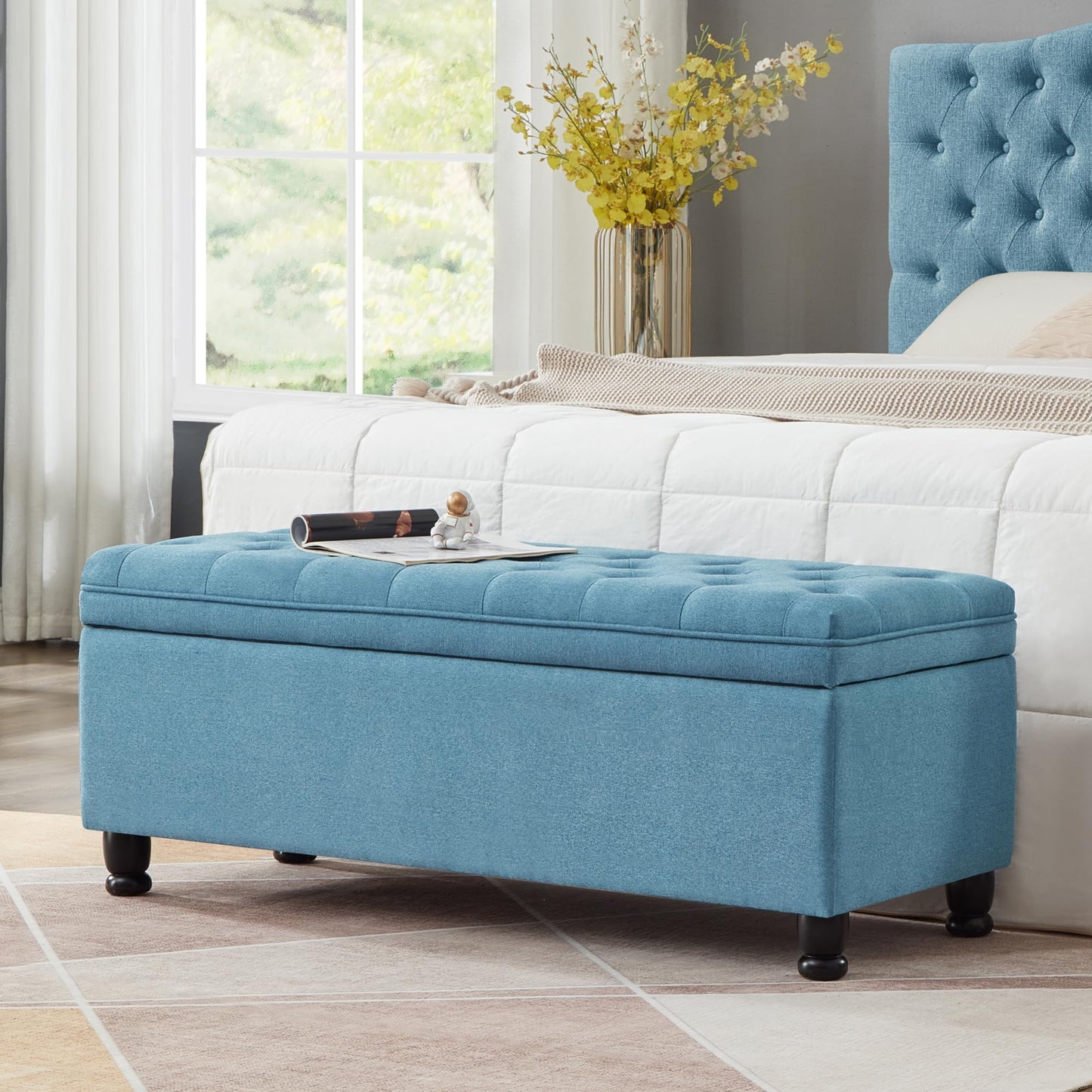 ACQCA Upholstered Ottoman with Storage,Entryway Bench with Tufted Buttons and Spindle Wooden Legs for Living Room,Bedroom,Light Blue