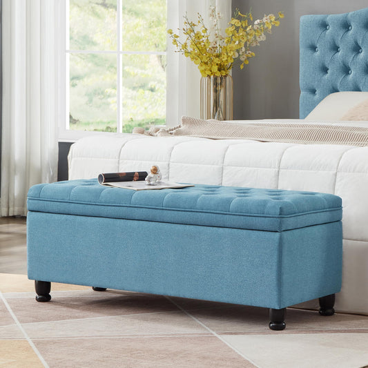 ACQCA Upholstered Ottoman with Storage,Entryway Bench with Tufted Buttons and Spindle Wooden Legs for Living Room,Bedroom,Light Blue