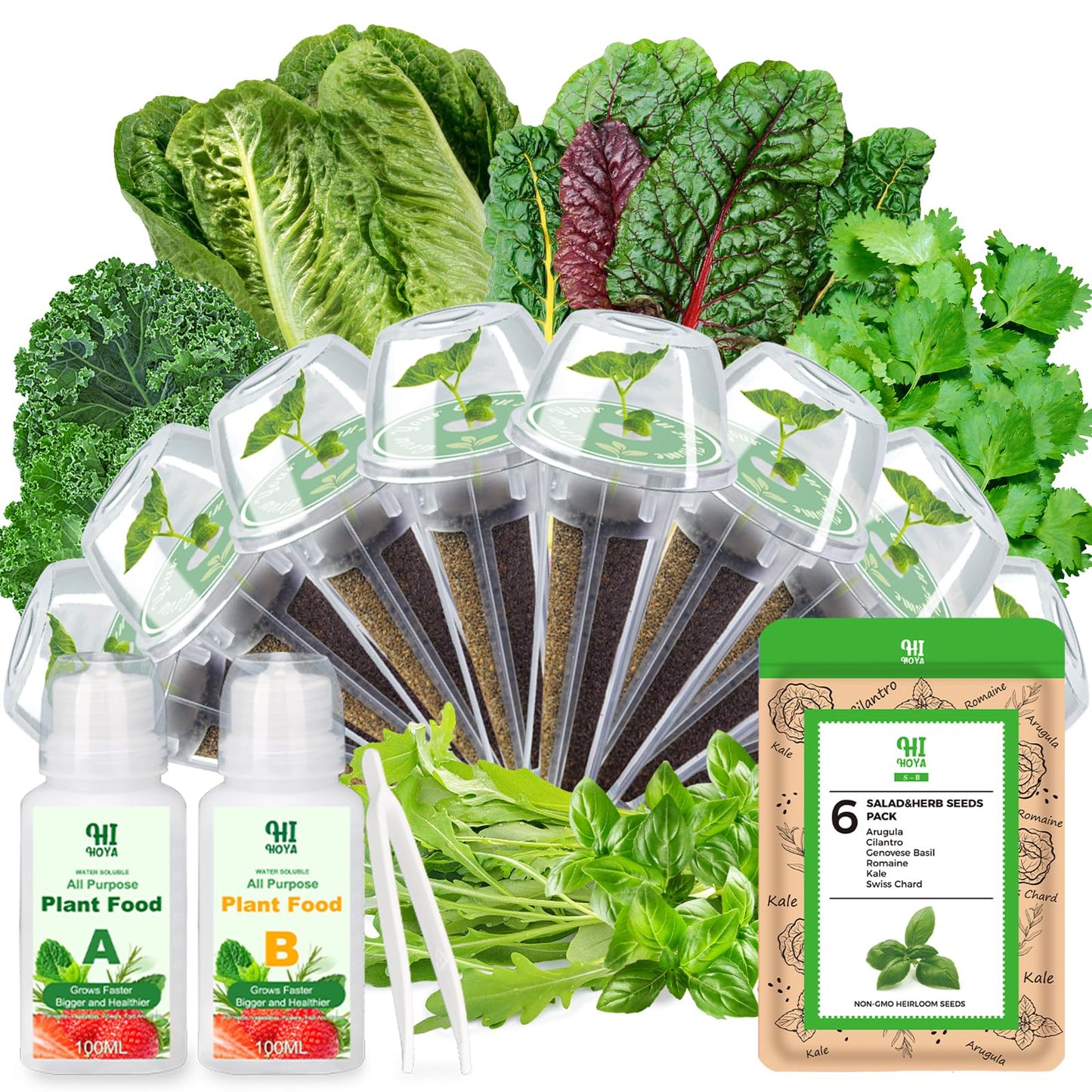 Herb & Salad Greens Seed Pods for All Hydroponics Growing Systems, 8 Pods with 600+ Seeds of Basil, Cilantro, Romaine, Kale, Arugula and Swiss Chard