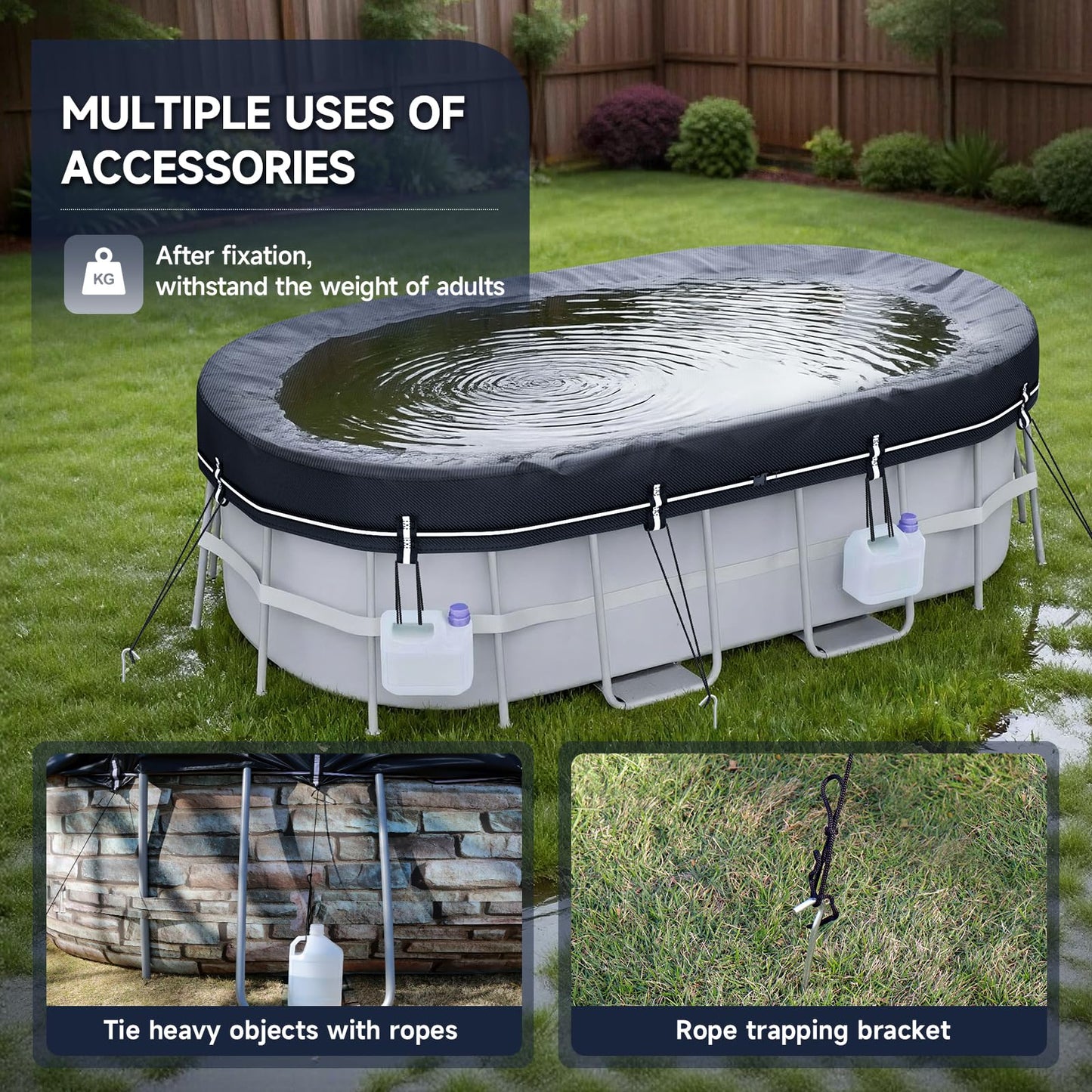 LXKCKJ 7X10 FT Rectangular Pool Covers for Above Ground Pools, 420D Solar Oval Pool Cover with Accessories Set, Integrated Design Pool Tarpaulin Ideal for Waterproof, Dustproof, Windproof