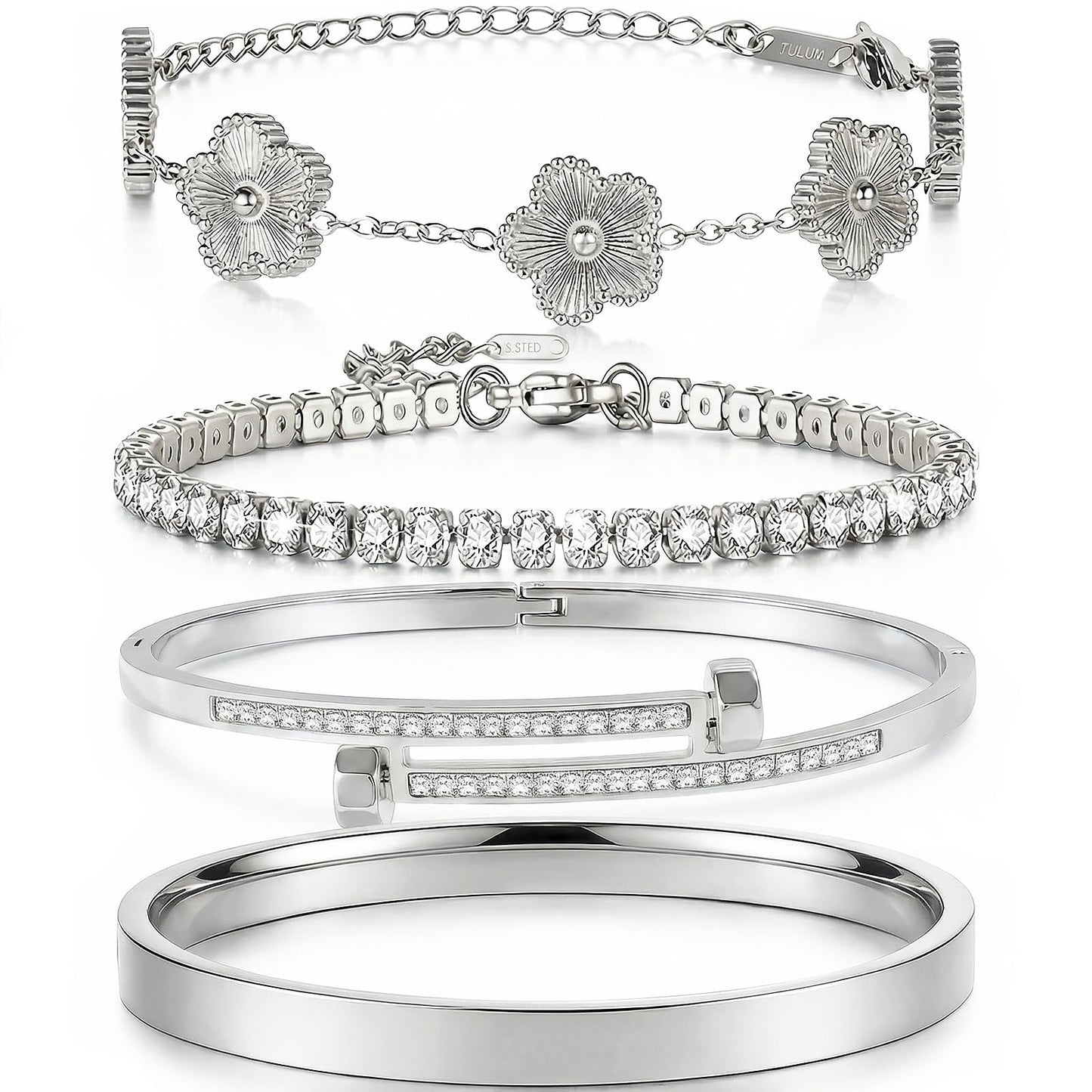 Camhanno Gold Bracelets for Women-4Pcs 18K Gold Plated Love Bangle Tennis Clover Nail Bracelets Stack Set for Women Trendy Non Tarnish Stainless Steel Gold Bangles Accessories Designer Jewelry (Silver Stack Bracelet -2)