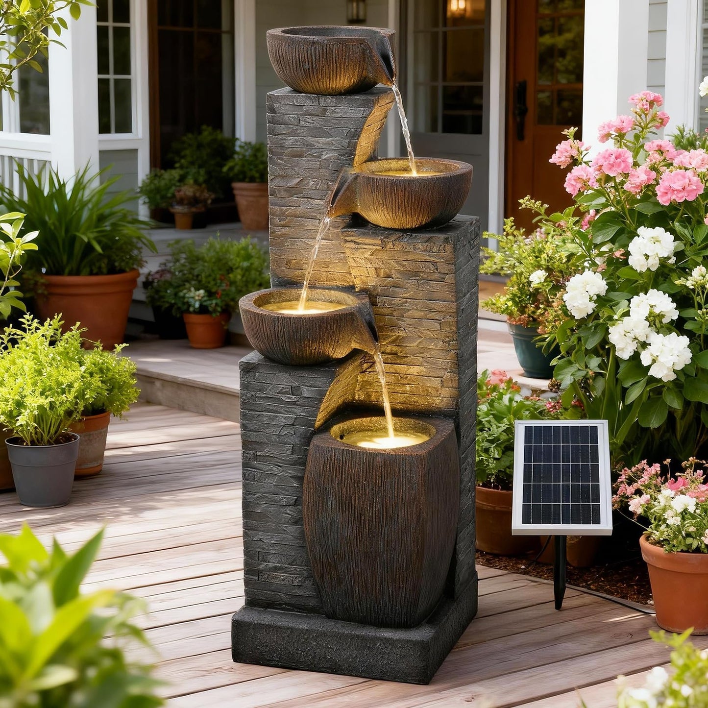 KAISOKU Solar Water Fountain Outdoor Garden, 38.2" Tall Stone Texture Modern Outdoor Fountain with 4 Tiers Cascading Bowls and Pump Solar Panel for Patio, Deck, Porch, Backyard Home Decor