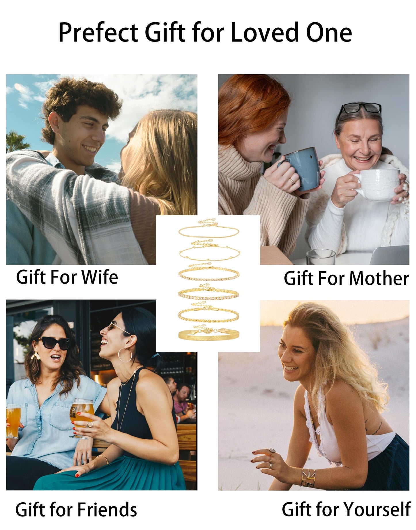 Gold Bracelets for Women 14K Gold Plated Stack Trend Bracelets Charm Paperclip Chain Cuban Link Layered Waterproof Bracelet Dainty Bracelet for Women Jewelry Gifts (6Pcs Gold)