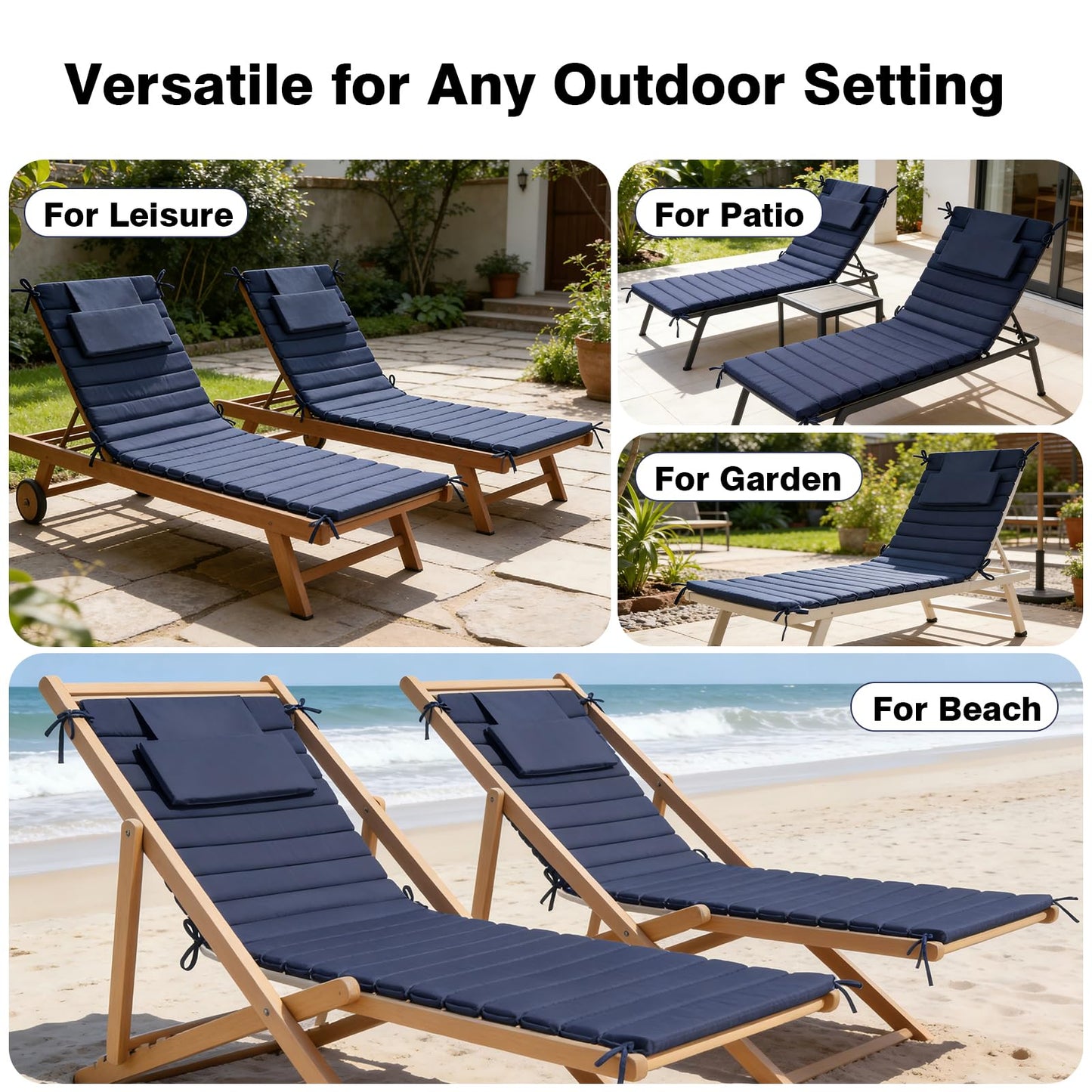 Minventiss Chaise Lounge Cushion Outdoor Set of 2，Patio Foldable Chaise Lounger Cushion，Foldable Waterproof Pool Lounge Chair Cushions with Straps, Lounger Cushions for Outdoor Furniture，71''Lx21''W