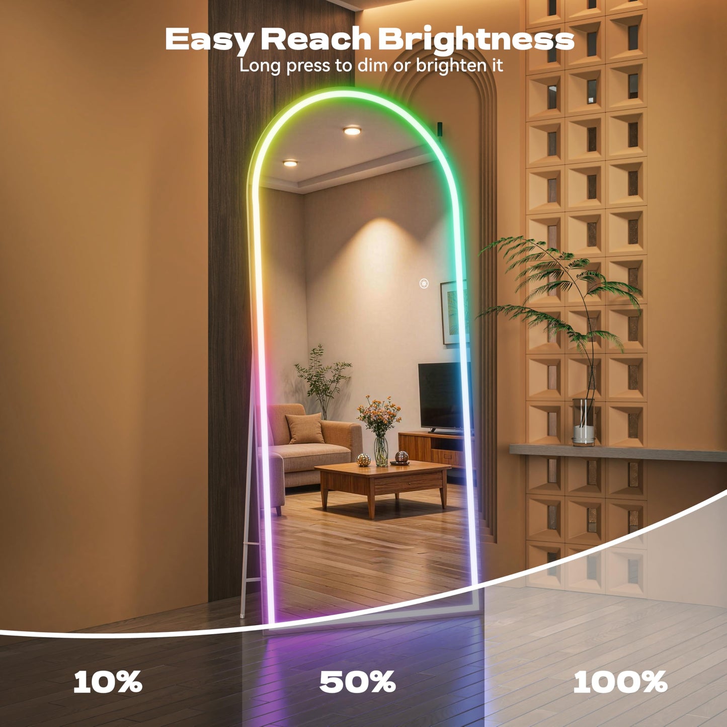 Hasipu Arch Full Length Mirror 95 x 40 in with Stand — Arch LED RGB Full Body Mirror, 7 Lighting Modes, Dimmable, Built‑in Bluetooth Speaker, White Frame for Bedroom Dressing Room
