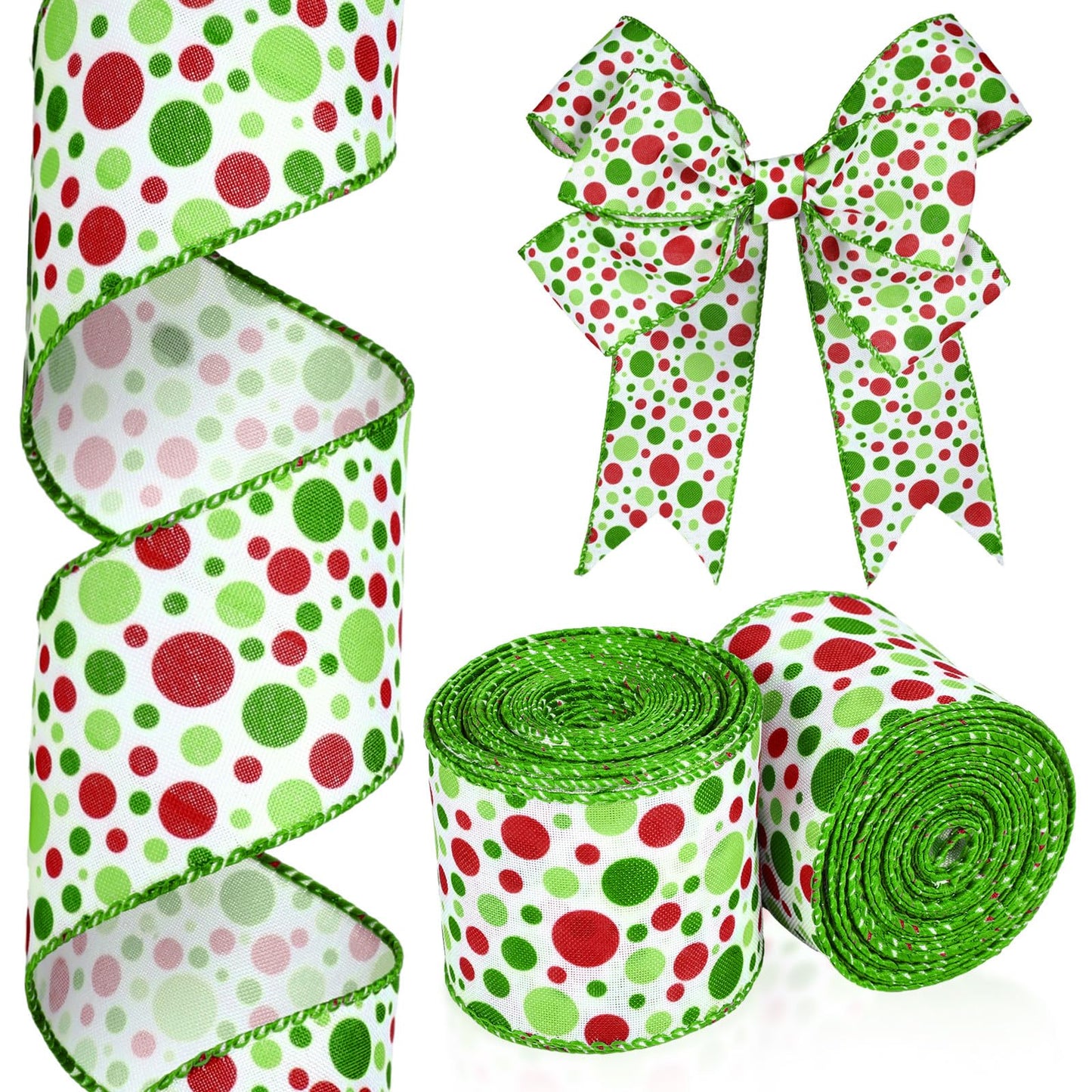 Hanaive 20 Yards Christmas Polka Dot Ribbon Xmas Wired Ribbon Christmas Tree Ribbons Decoration Green Red Polka Dot Printed Ribbons DIY Decorative for Wreaths Gifts Wrapping(2 Inch)