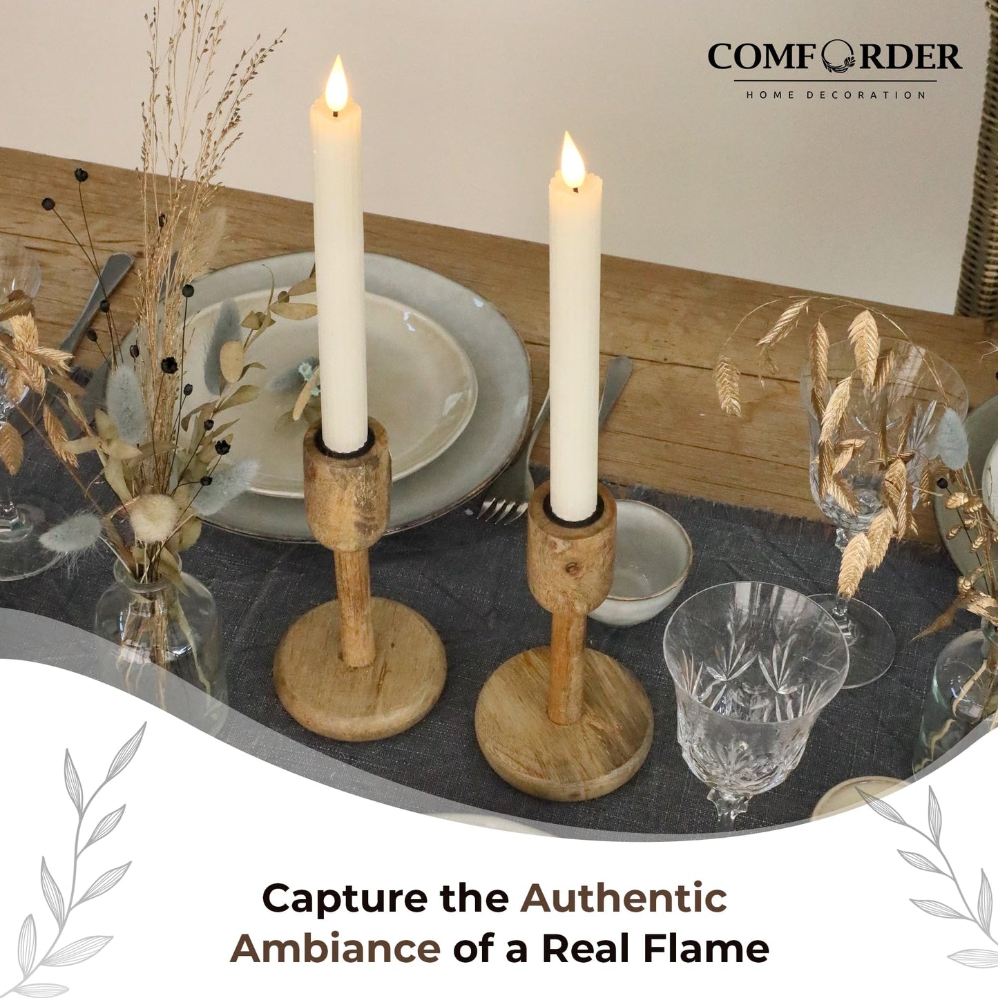 comforder Flameless Taper Candles – Flickering LED Flame with 6H Timer – Real Wax, Ribbed Design – Battery Operated Set of 2 – 10" Tall (Cream)"
