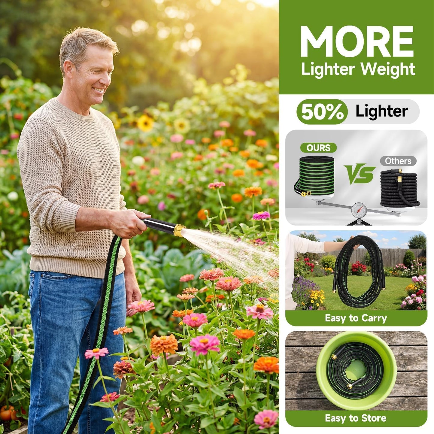 VIONMI Garden Hose 100 ft Flexible Non-Expandable Water Hose Kink-Free Lightweight Leak-Proof High Pressure Durable Outdoor Portable Fabric Hoses Pipe with 3/4” Sturdy Fittings for Yard Lawn Car Wash