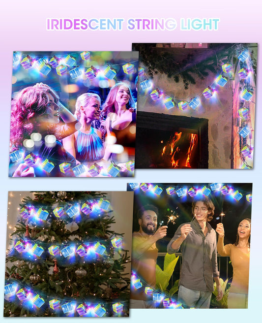AceList Iridescent Gift Box String Lights Indoor 20 LED 9.84ft Holographic Lights with 8 Modes Battery & USB Powered Present Shape Fairy Lights for Birthday Christmas Wedding Decor