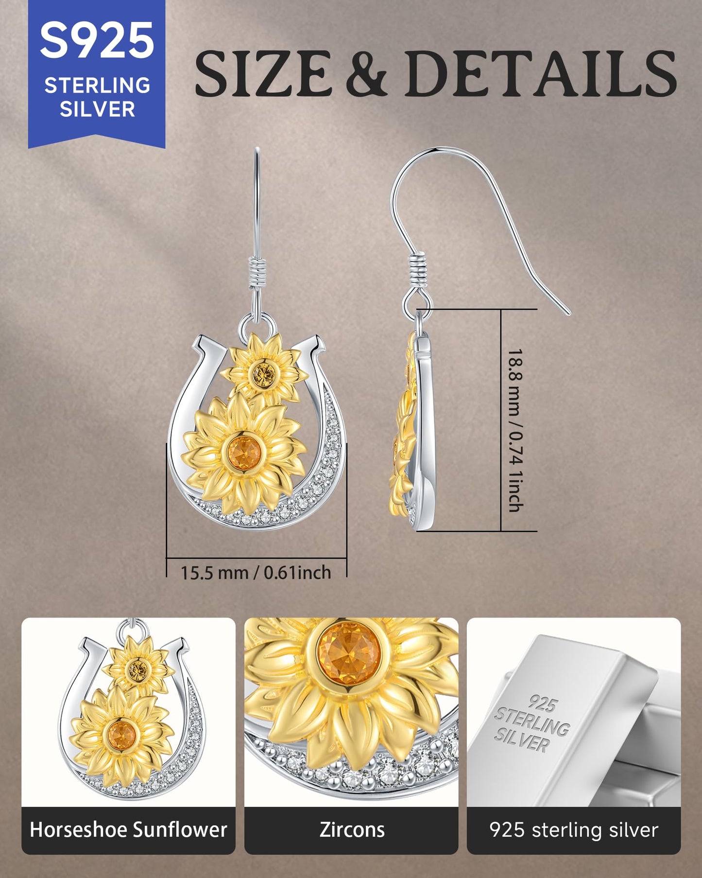 JZWUYAN 925 Sterling Silver Sunflower Horseshoe Dangle Earrings for Women — Two-Tone Gold Plated Floral Drop Earrings with Citrine Stone — Birthday, Mother's Day, Graduation Gift for Her