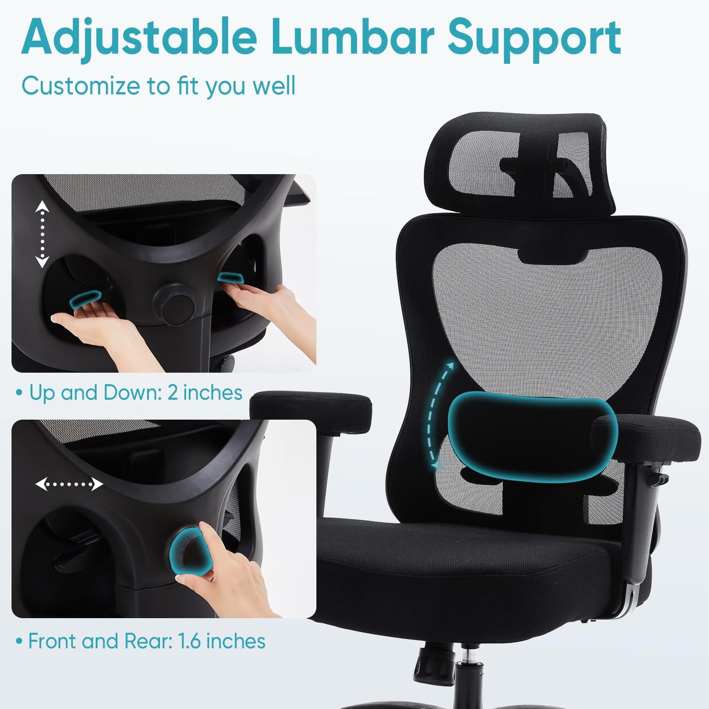 500lbs Big and Tall Office Chair Heavy Duty Office Chair with Adjustable Lumbar Support & Headrest,Ergonomic Mesh High Back Computer Desk Chair, Extra Wide Seat Chair