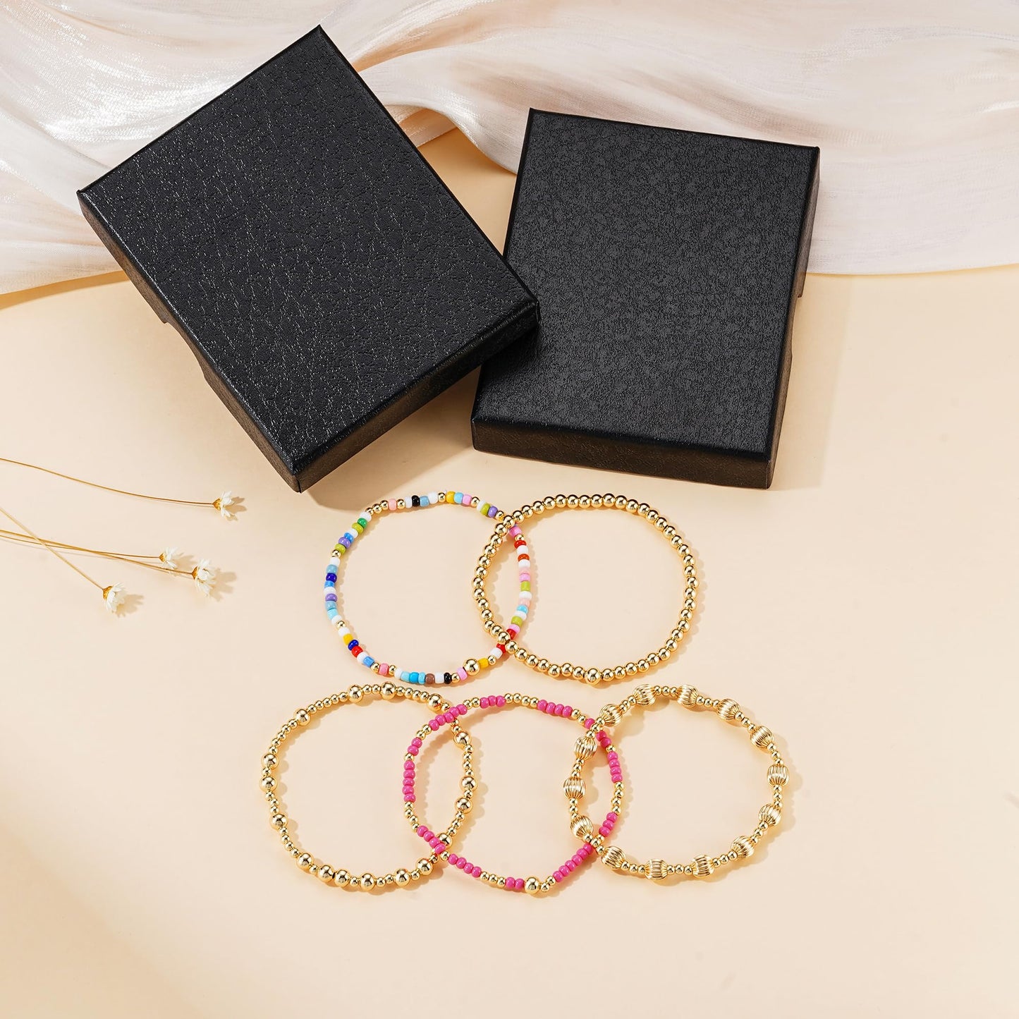 Turandoss Mothers Day Gifts 5PCS Gold Beaded Bracelets for Women - Dainty 14K Gold Plated Bead Ball Bracelets for Women Colorful Beaded Stretch Bracelet Mothers Day Gifts for Mom Daughters