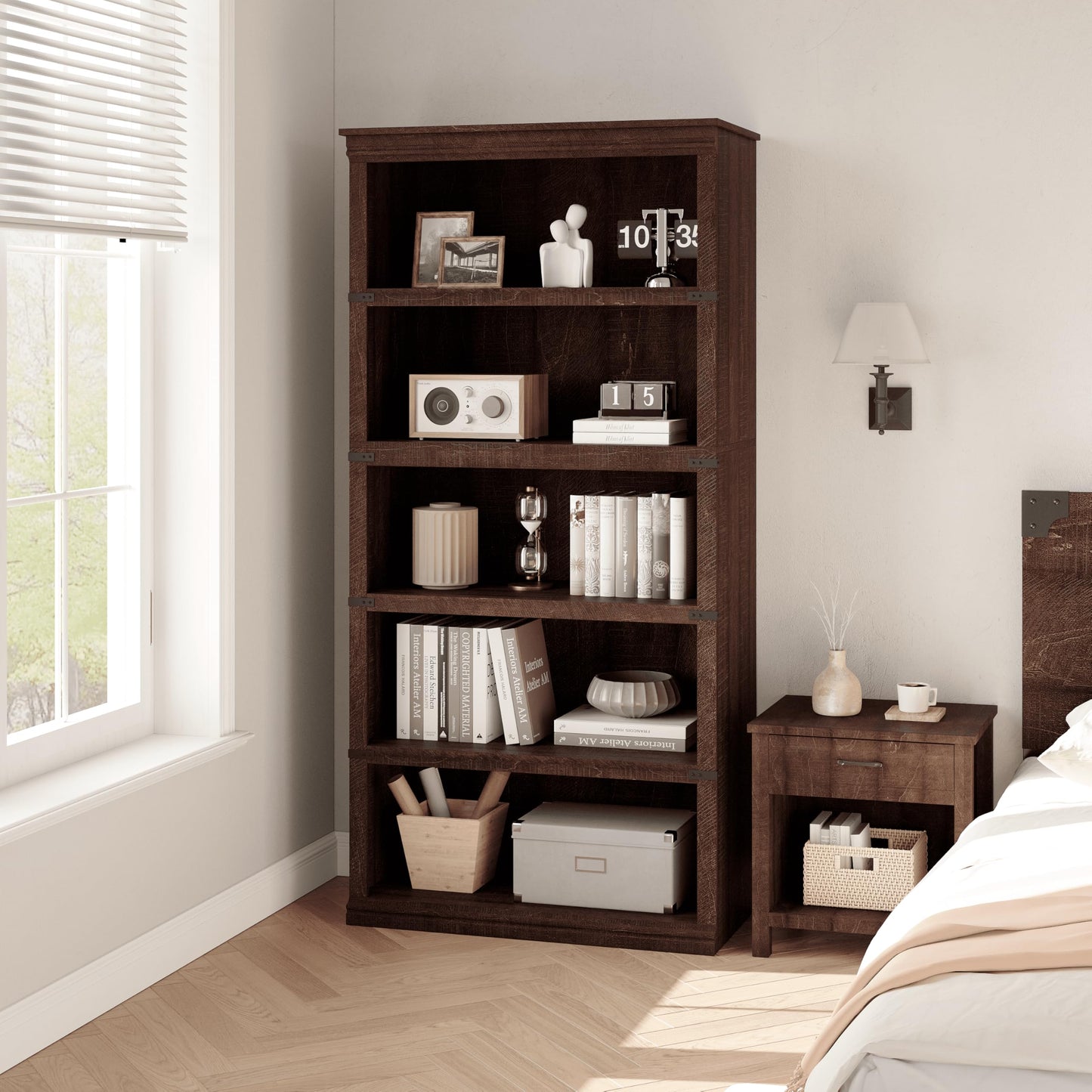IDEALHOUSE 5 Tier Bookcase, Farmhouse Book Shelf with Storage Open Display Bookshelves, 67.4" Tall Book Case Wooden 5 Shelf Bookcase Home Decor Furniture for Home Office, Living Room- Reddish Brown
