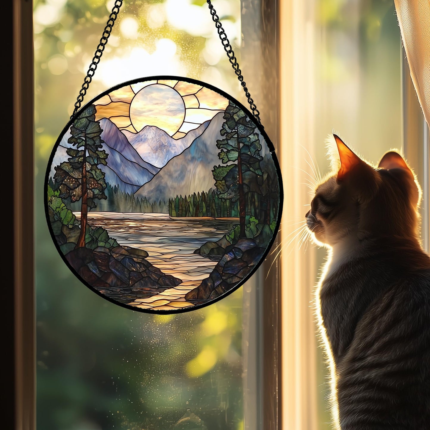 AMDERVEN Stained Glass Window Hanging, Sunset Mountains Lake Tree Sun Catcher for Window Home Decor Landscape Suncatcher Mother's Day Birthday Gifts for Women Men Mom and Nana 9.8 in