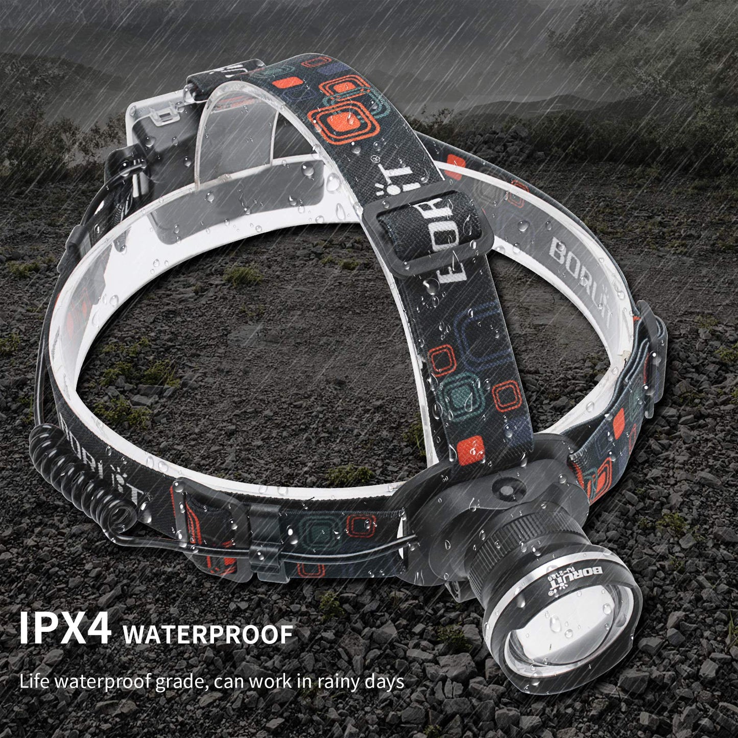 BORUIT RJ-2166 Super Bright LED Headlamp with White Light,3 Modes Adjustable Headlight Flashlight,IPX4 Waterproof Head Torch Great for Running, Camping, Hiking(Black)