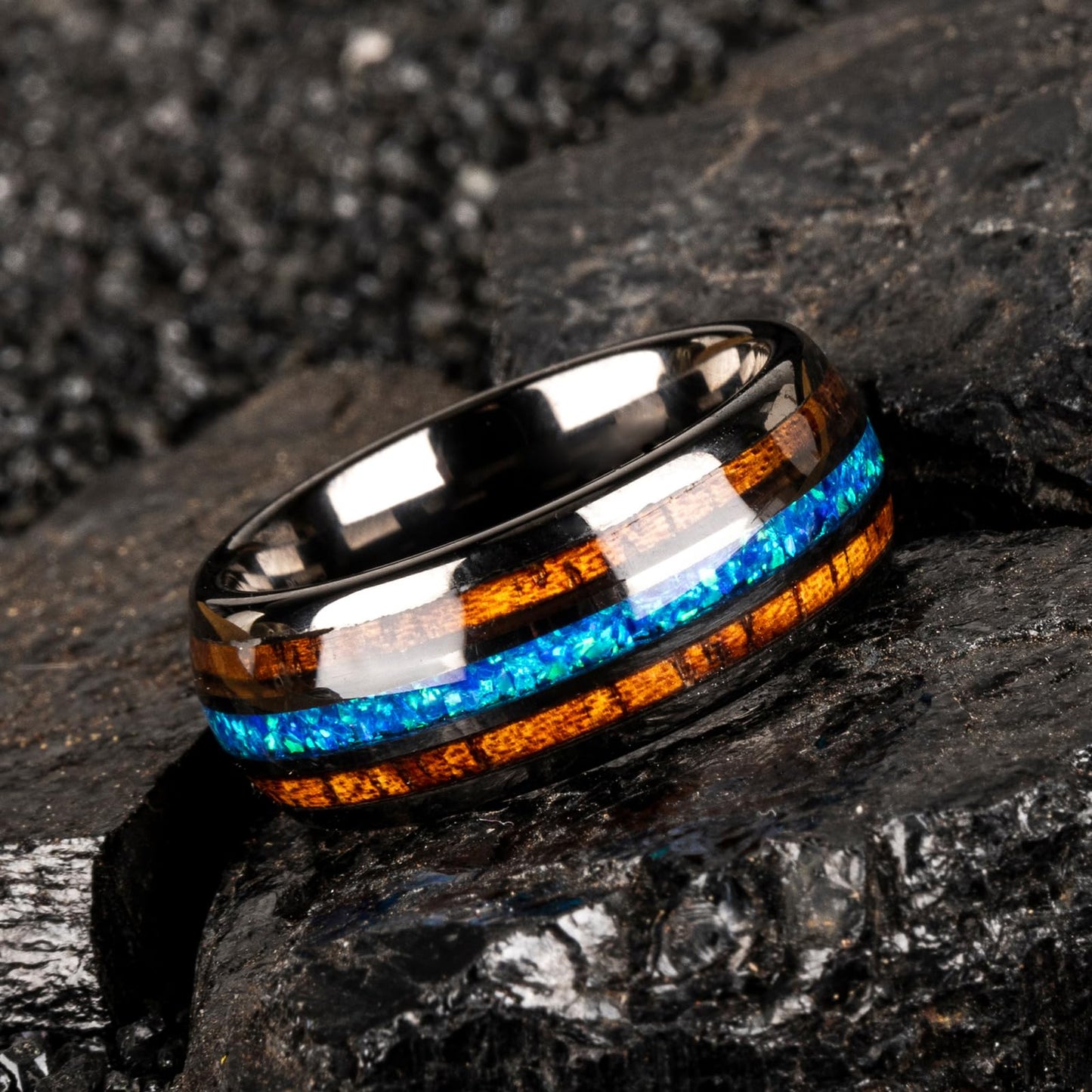 JEWPER 8mm Men Womens Wedding Band Tungsten Rings dark gun black Fashion Promise Carbide Inlaid blue opal koa Matte Finish Edge Comfort Fit Size(7)