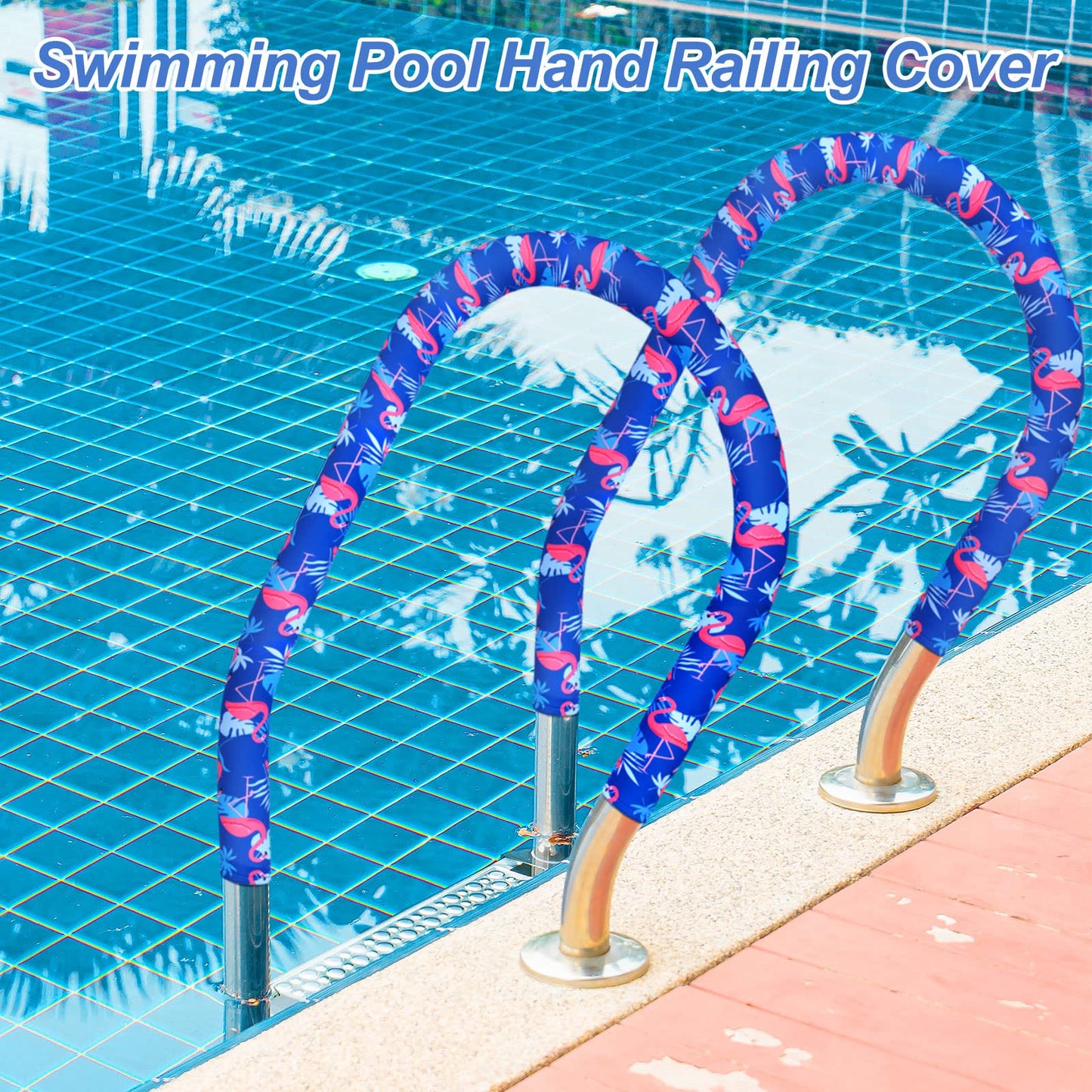 Junkin 4 Feet Pool Handrail Cover Tropical Flamingo Hook and Loop Inground Swimming Pools Hand Rail Ladder Handles Cover Safety Anti-Slip Cool Touch Heat Resistant Rail Grip Handles Sleeve Blue Grip