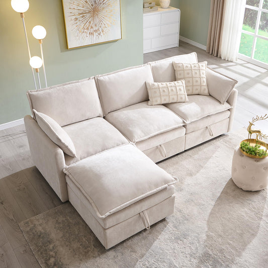 85.83" Sectional Couches for Living Room, Cloud Couch Sectional with Large Storage Ottoman, L-Shape Modular Sectional Sofa with 5 Seater Chenille Sofa and Pillow for Apartment, Bedroom, Beige