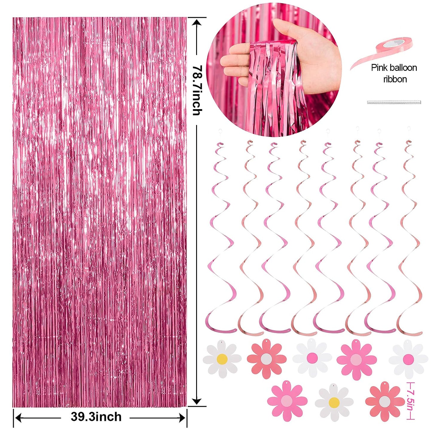 Pink Red Happy Birthday Party Decorations kits for Girls Women with Happy Birthday Banner, Fringe Curtain,Foil Balloons,Tissue Pompoms,Dots Garland,Tassels Garland,Cake Topper for birthday decor(pink)
