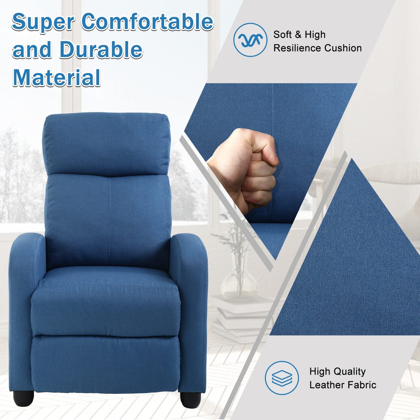 Living Room Recliner Chair Modern Reclining Easy Lounge Winback Single Sofa Reading Chair Fabric Home Theater Seating Massage Adjustable Accent Armchair w/ Thick Seat Cushion & Backrest, Blue