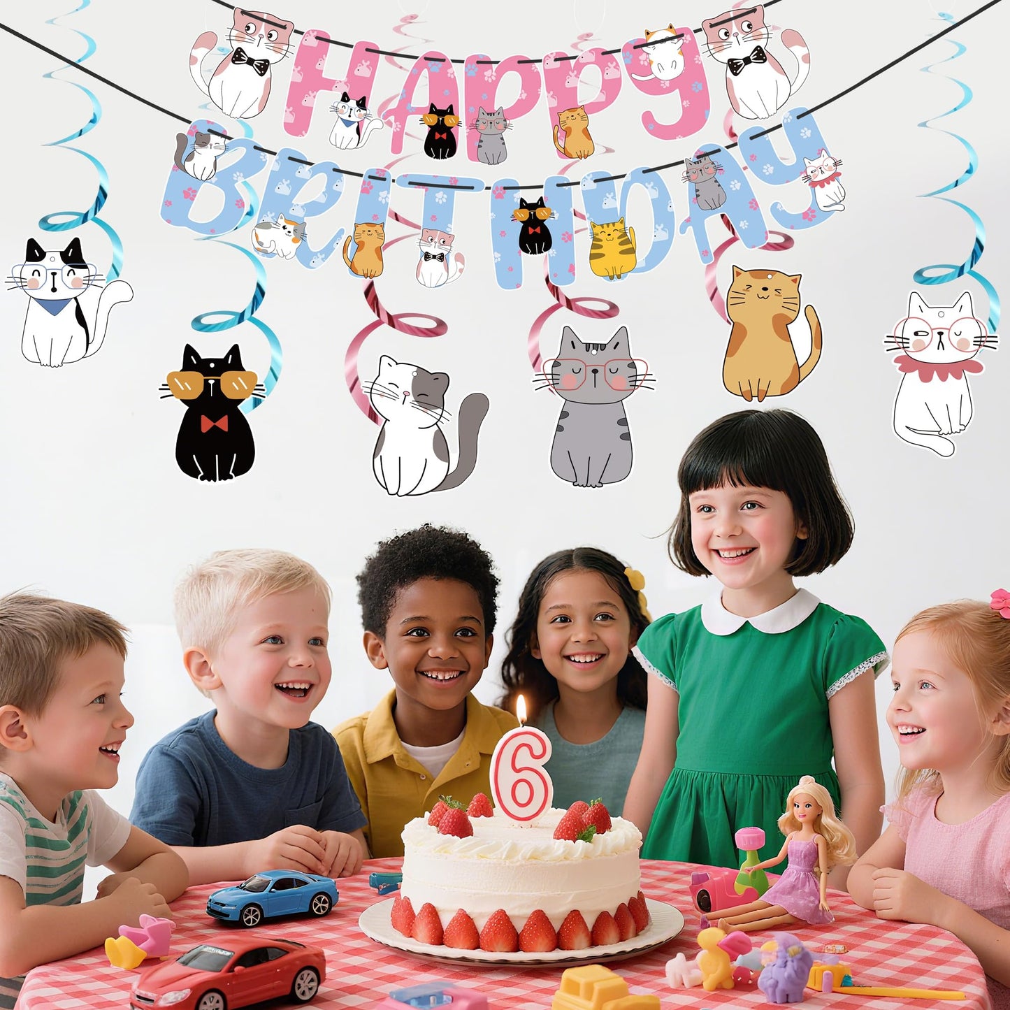 Cat Theme Birthday Party Supplies,15 PCS Happy Birthday Banner-NO DIY,6 Hanging Cutouts,6 Hanging Swirl Decor,1 Cake Topper,12 Cupcake Toppers,3 Birthday Honeycomb Party Decoration
