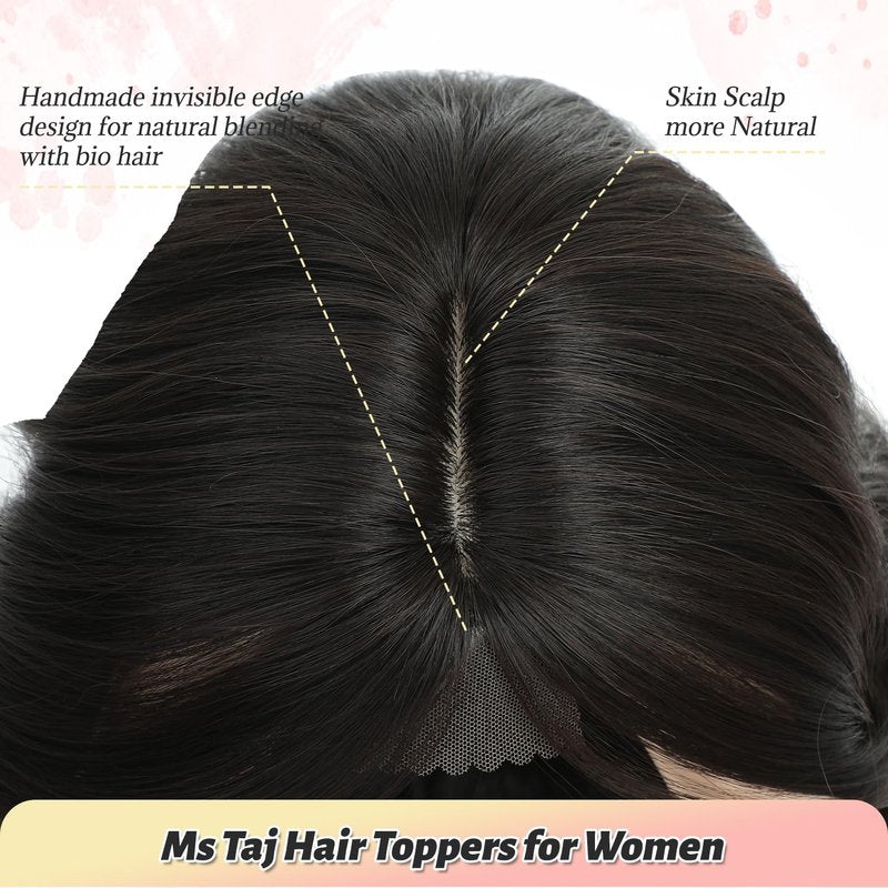 Ms Taj 12 Inch Hair Topper for Women with Thinning Hair, 6.5"x6.5" Large Base Synthetic Topper with Bangs, Fiber Wiglets Ladies Hair Pieces for Daily Wear, Work, Party-Brown Black