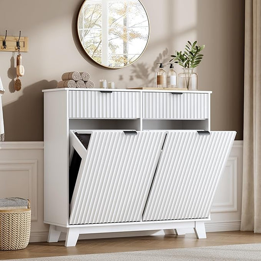 Double Tilt Out Laundry Hamper Cabinet, 20 Gallon Wooden Trash Can Cabinet with Drawers, Hidden Fluted Bathroom Storage Cabinet for Kitchen, Living Room (White, 39.34" W x 35.83" H x 13" D)
