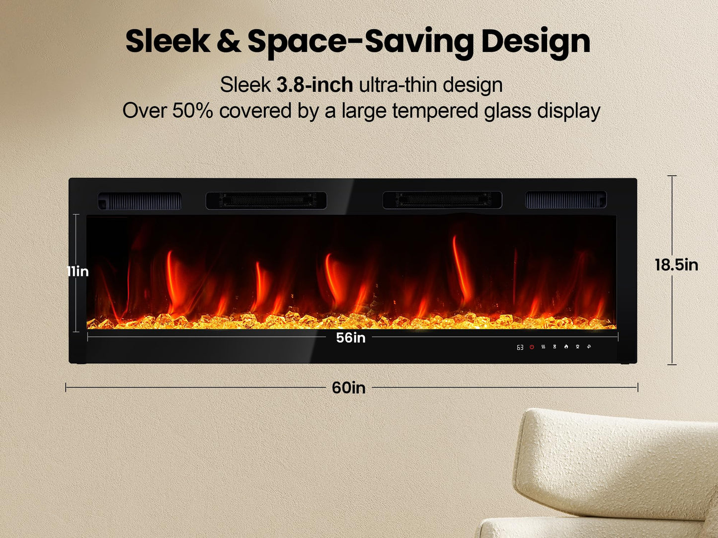 RealSmart Electric Fireplace Heater Inserts 60" Wall Mounted Electric Fireplace 750W/1500W in-Wall Recessed Heaters with Remote Control,Fit for 2 X 6 stub,12 Adjustable Color Flame & Brightness,Timer