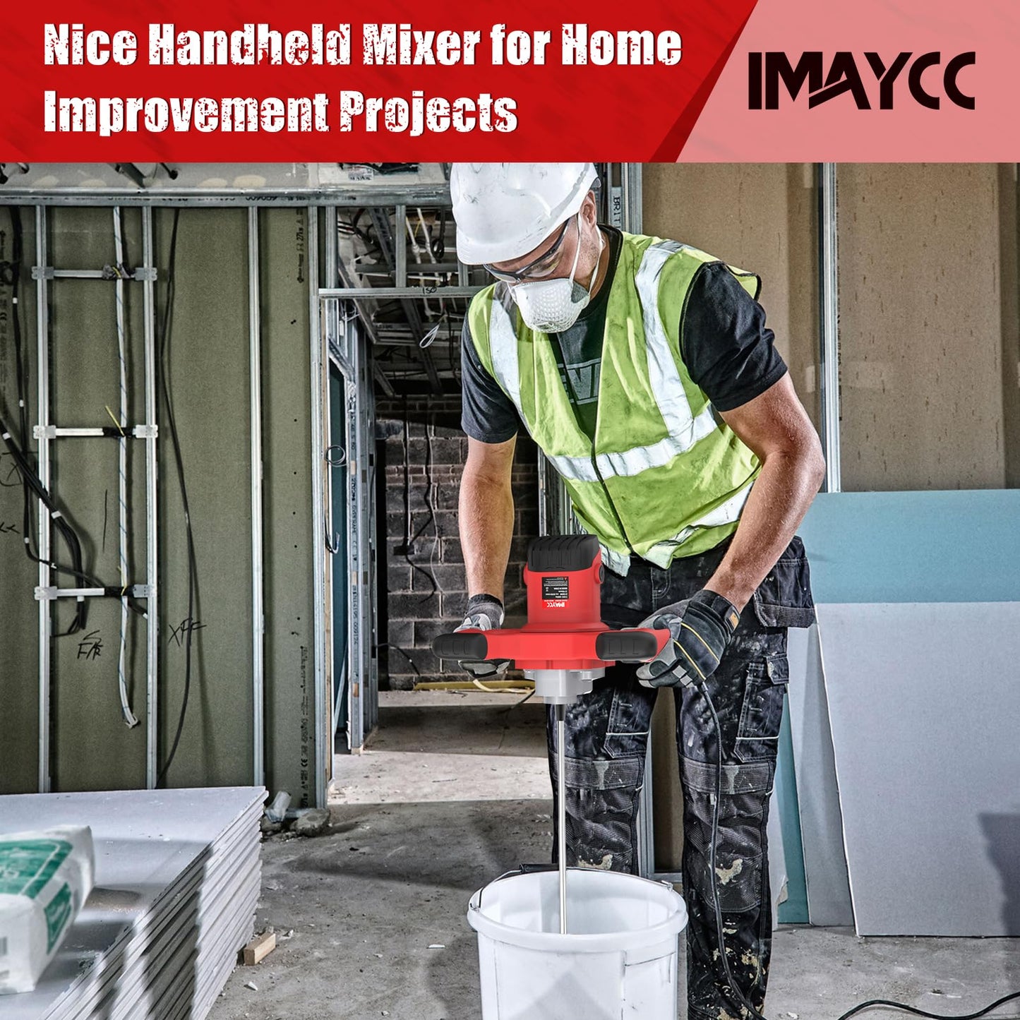 IMAYCC Cement Mixer, 2100W Electric Concrete Mixer with 6 Speed, 110V Handheld Mud Mixer for Motar,Paint, Grout, Plaster, Thinset,Fodder Stirring Tool