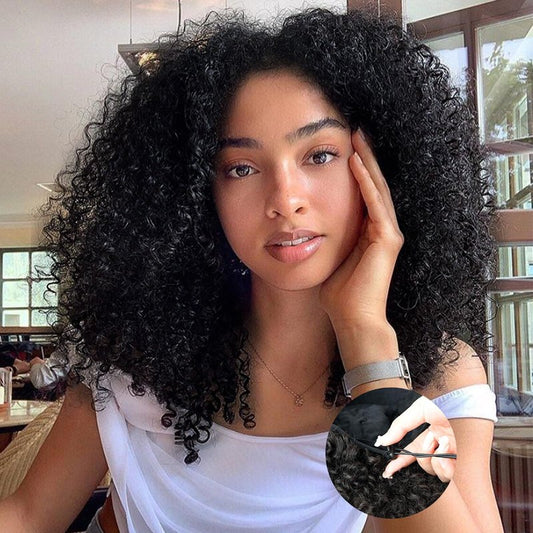 NOSTALGIA Kinky Curly Half Wig 16 Inch Curly 3 In 1 Half Wigs for Women Drawstring Seamless Flip Headband Wig Beginner Friendly Glueless Synthetic With Natural Density (Jet Black 1B)