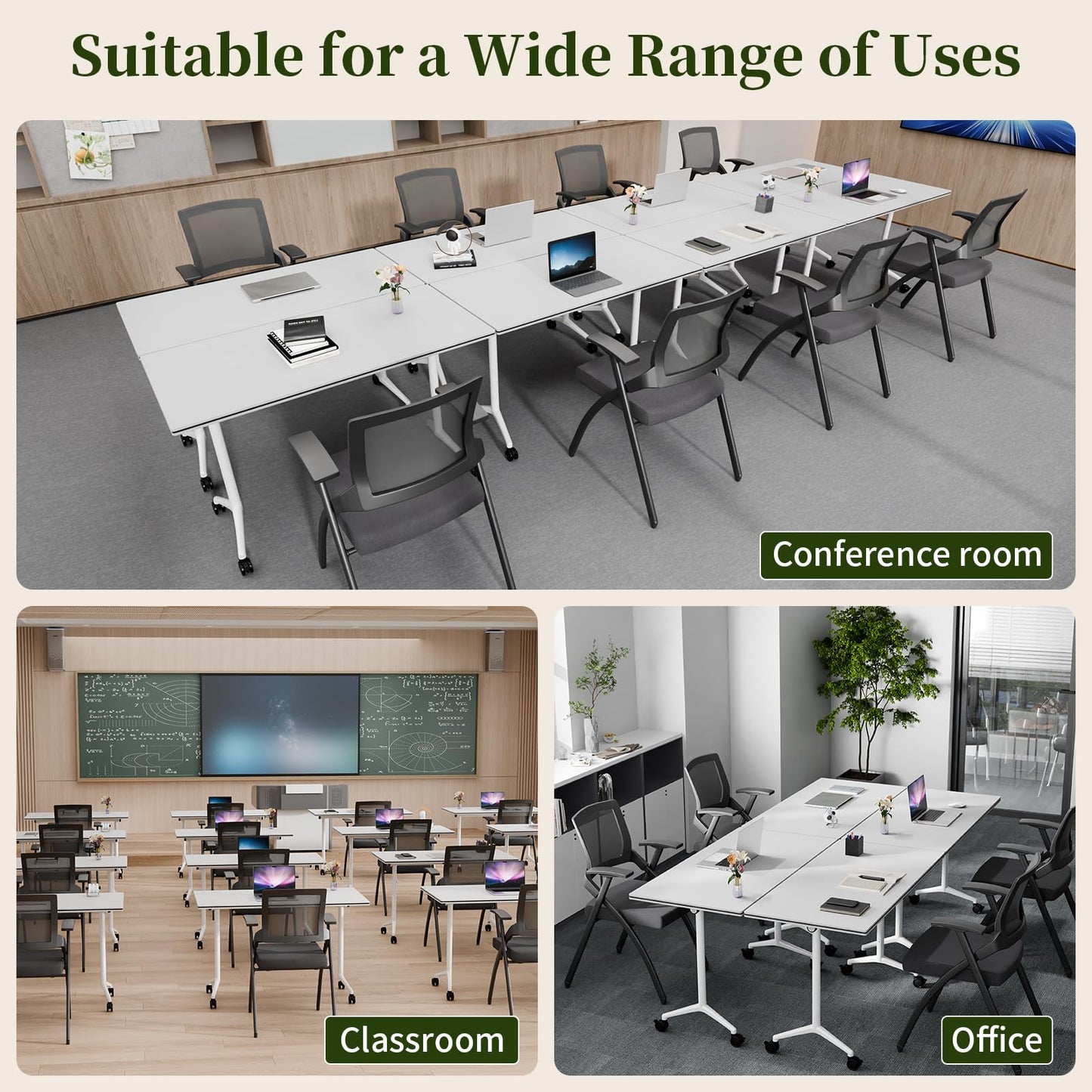 Modular Folding Conference Table with Wheels,8 Pack Mobile Conference Room Tables,Filp Top Rolling Meeting Training Tables for Office,Classroom,Library,Seminar,Boardroom,school(8pack,White,71in)